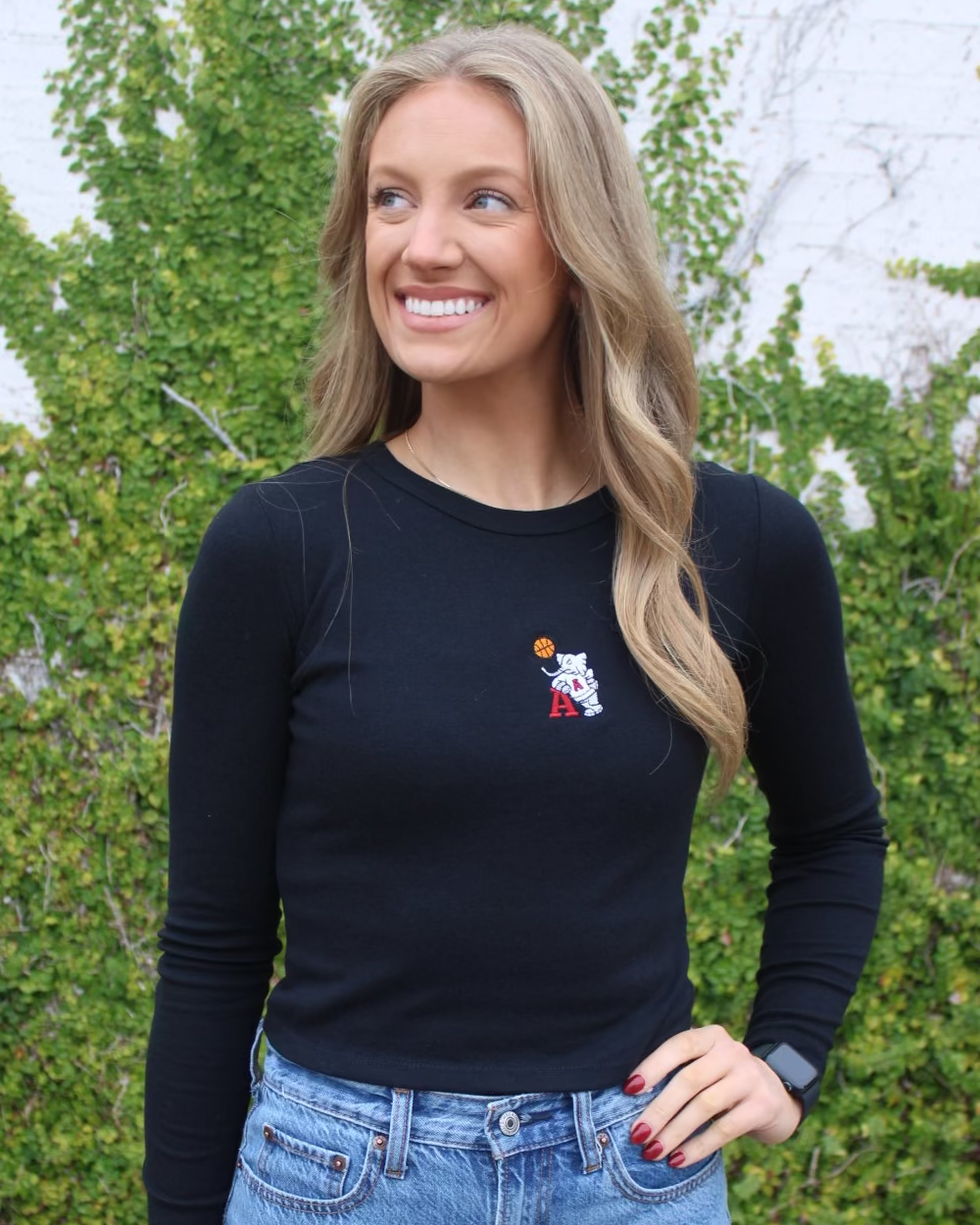 University of Alabama Black Ladies Long Sleeve Fitted T-Shirt with the Basketball Al Logo embroidered on the middle of the chest