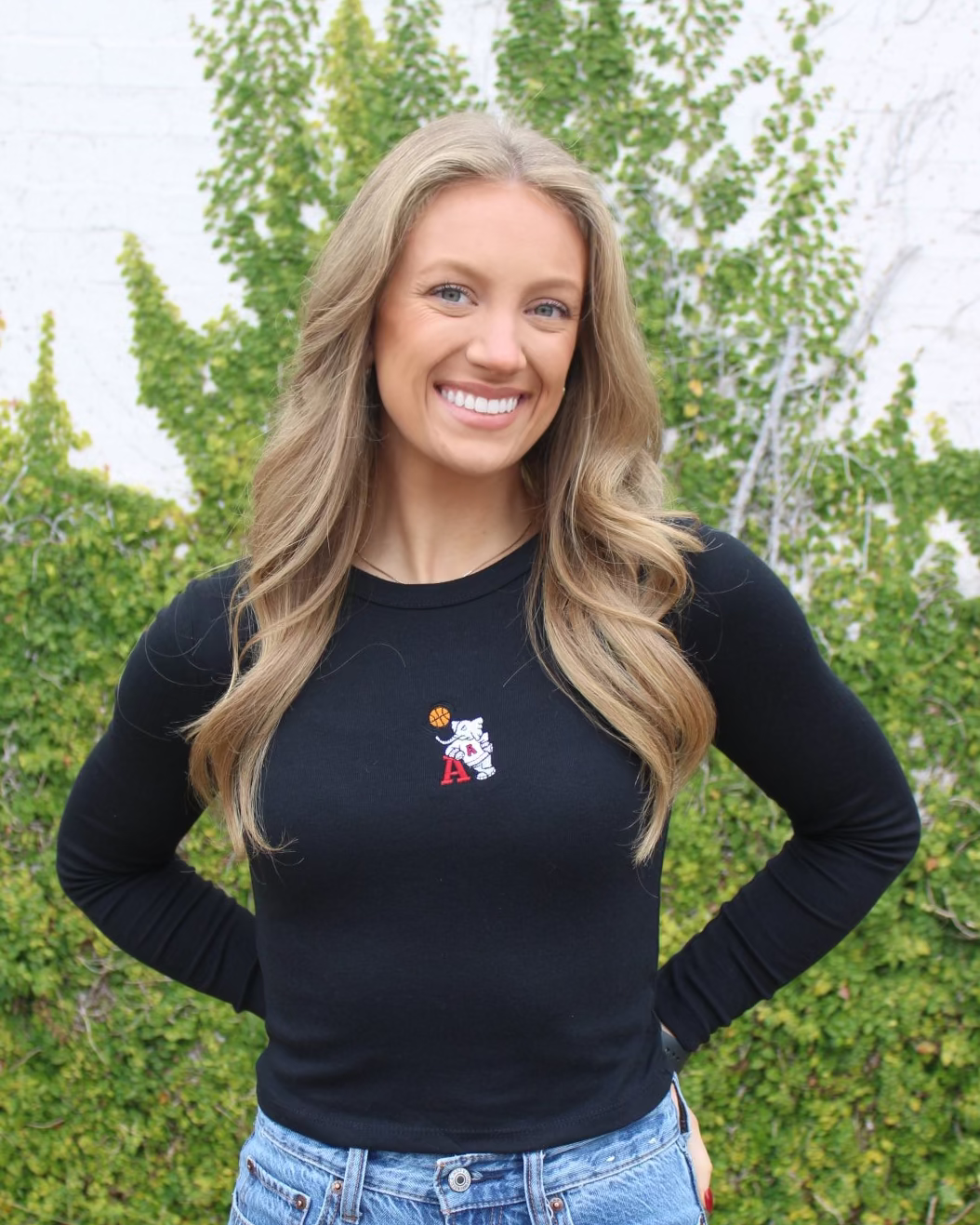 University of Alabama Black Ladies Long Sleeve Fitted T-Shirt with the Basketball Al Logo embroidered on the middle of the chest