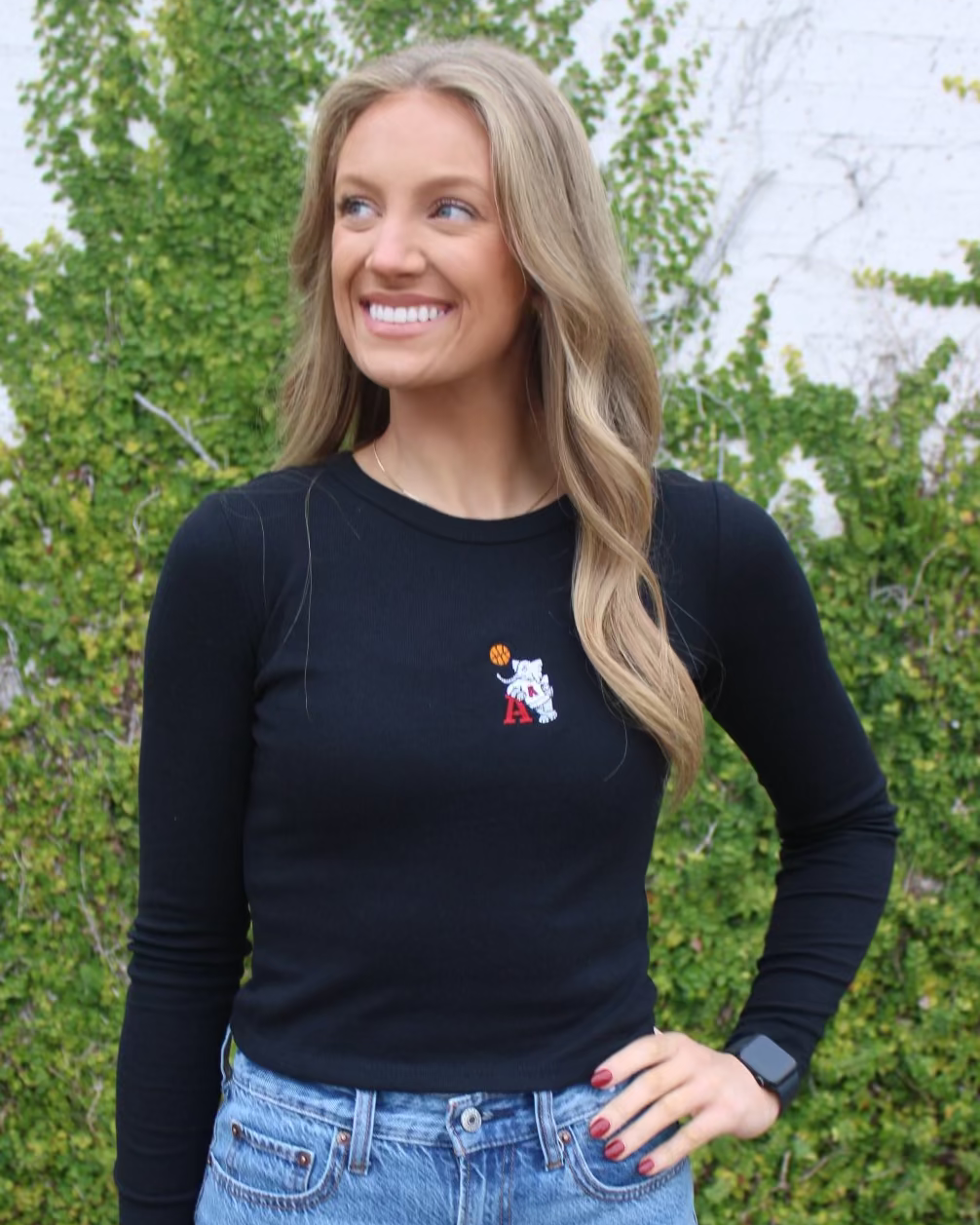 University of Alabama Black Ladies Long Sleeve Fitted T-Shirt with the Basketball Al Logo embroidered on the middle of the chest