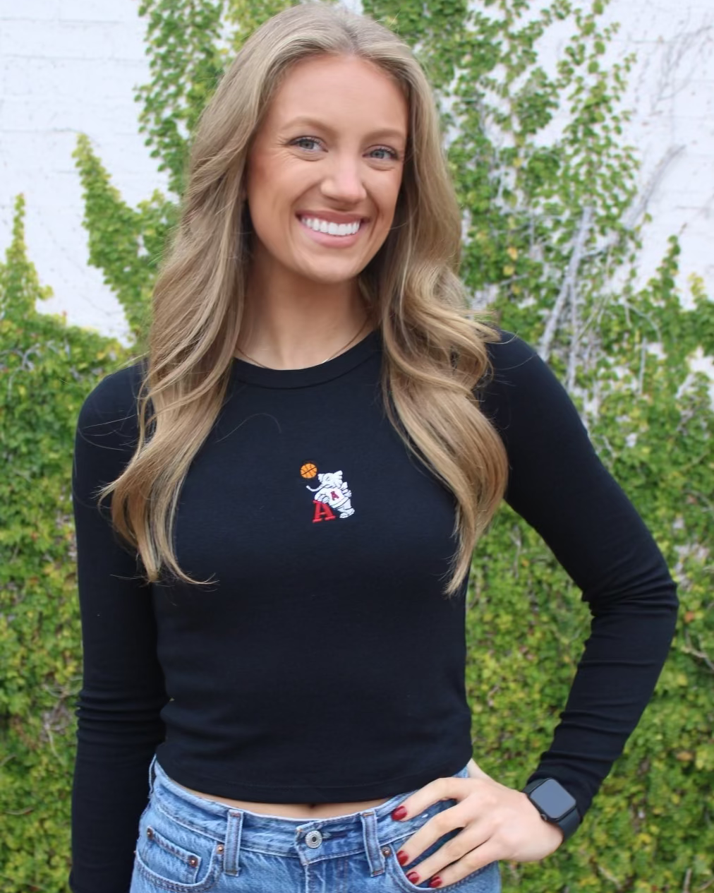 University of Alabama Black Ladies Long Sleeve Fitted T-Shirt with the Basketball Al Logo embroidered on the middle of the chest