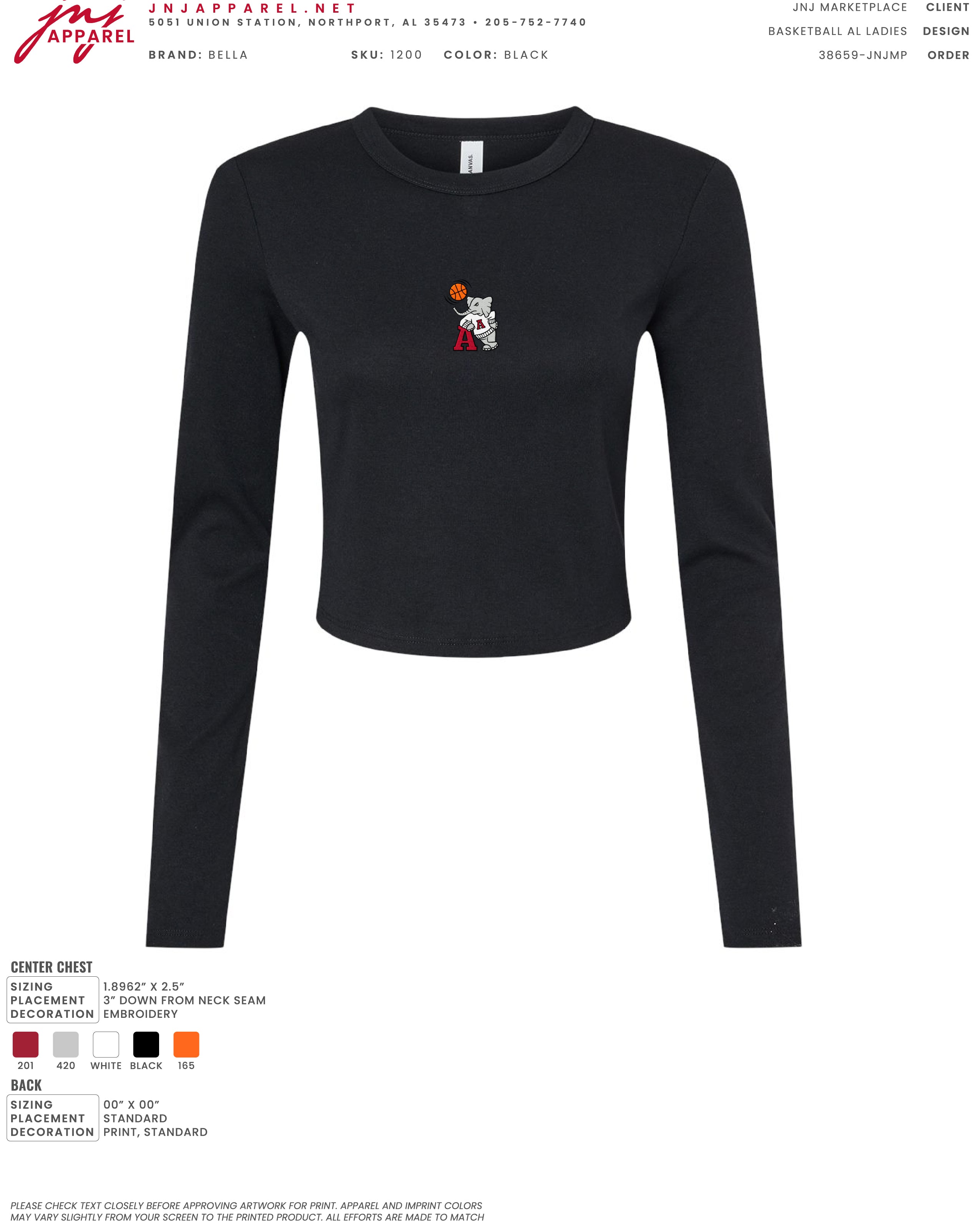 University of Alabama Black Ladies Long Sleeve T-Shirt with the Basketball Al Logo embroidered on the middle of the chest