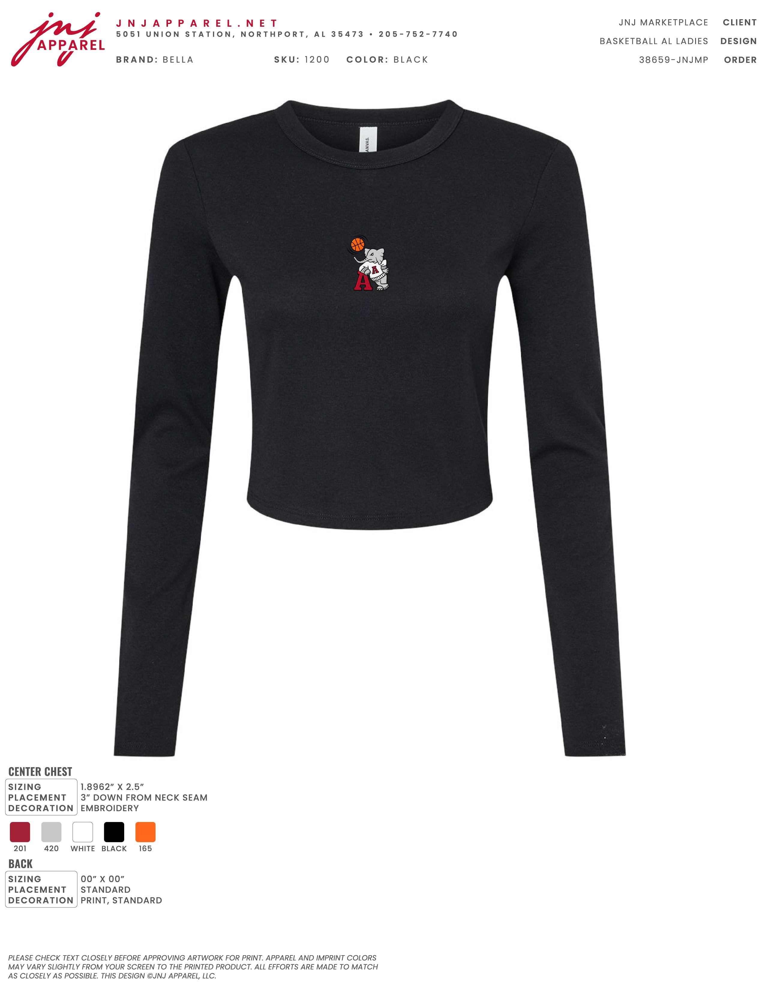 University of Alabama Black Ladies Long Sleeve T-Shirt with the Basketball Al Logo embroidered on the middle of the chest