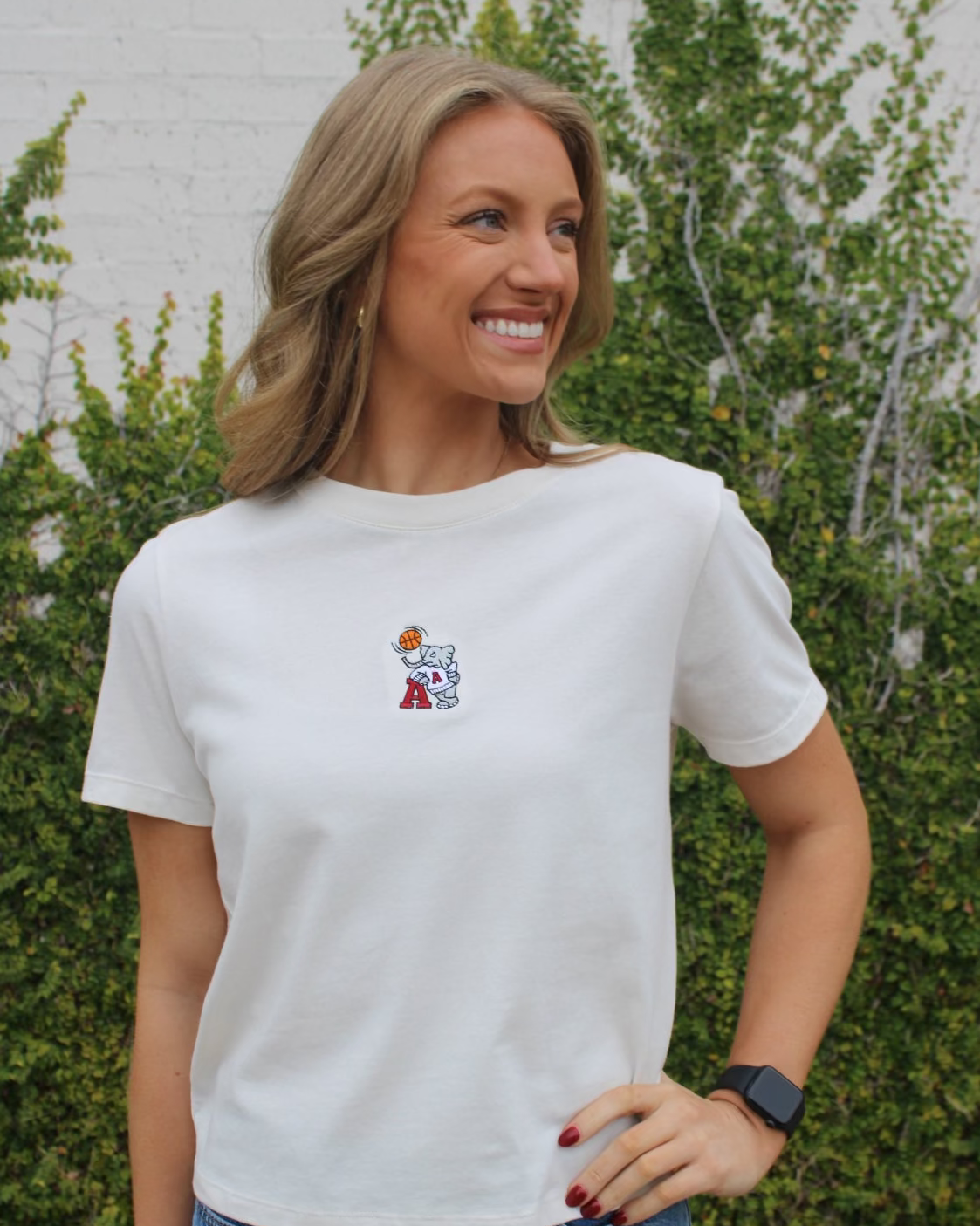 University of Alabama Off-White Ladies Short Sleeve T-Shirt with the Basketball Al Logo embroidered on the middle of the chest