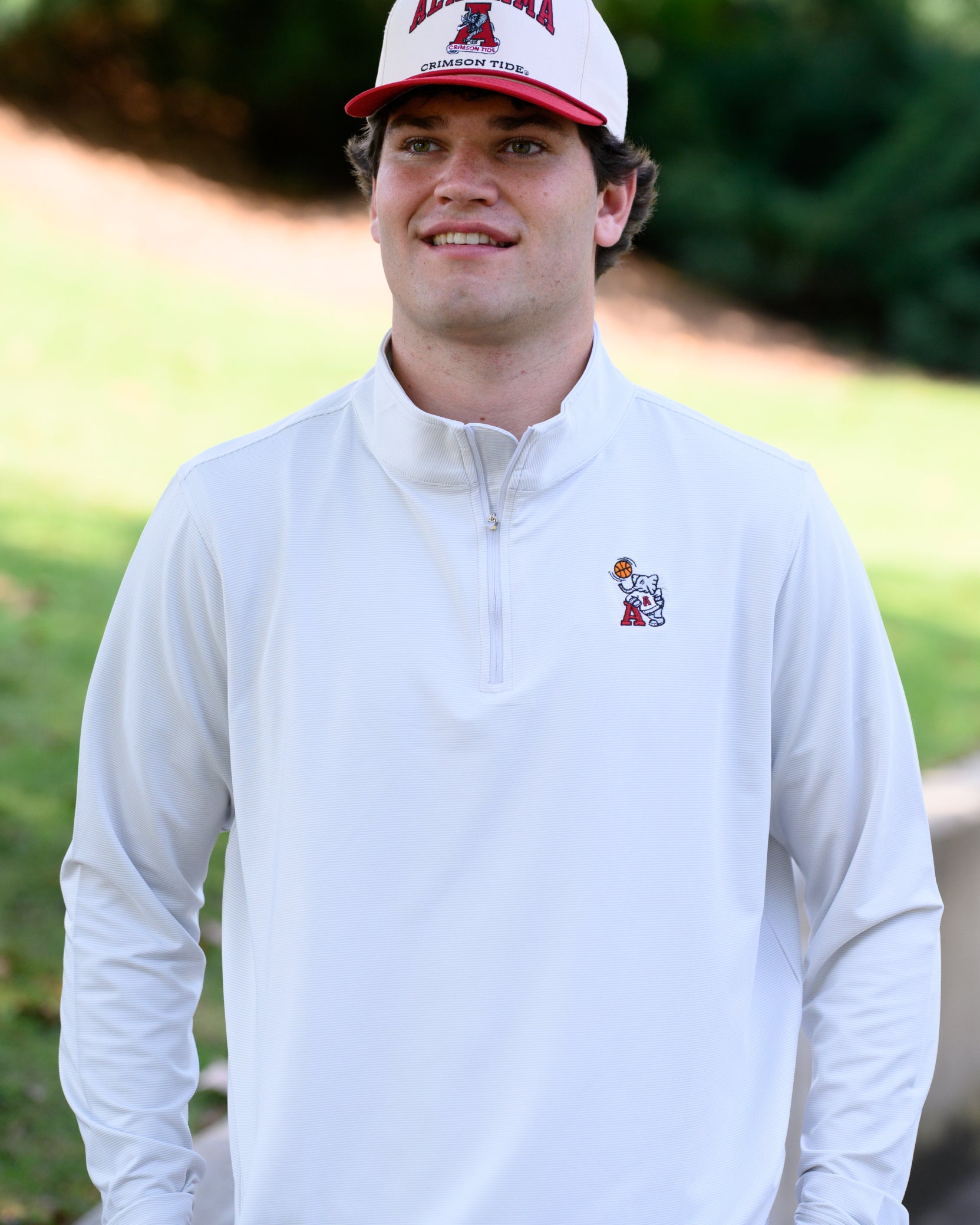 University of Alabama Basketball Al Men's Light Grey 1/4 Zip with an embroidered Big Al in a sweater holding a basketball and leaning against an "A"