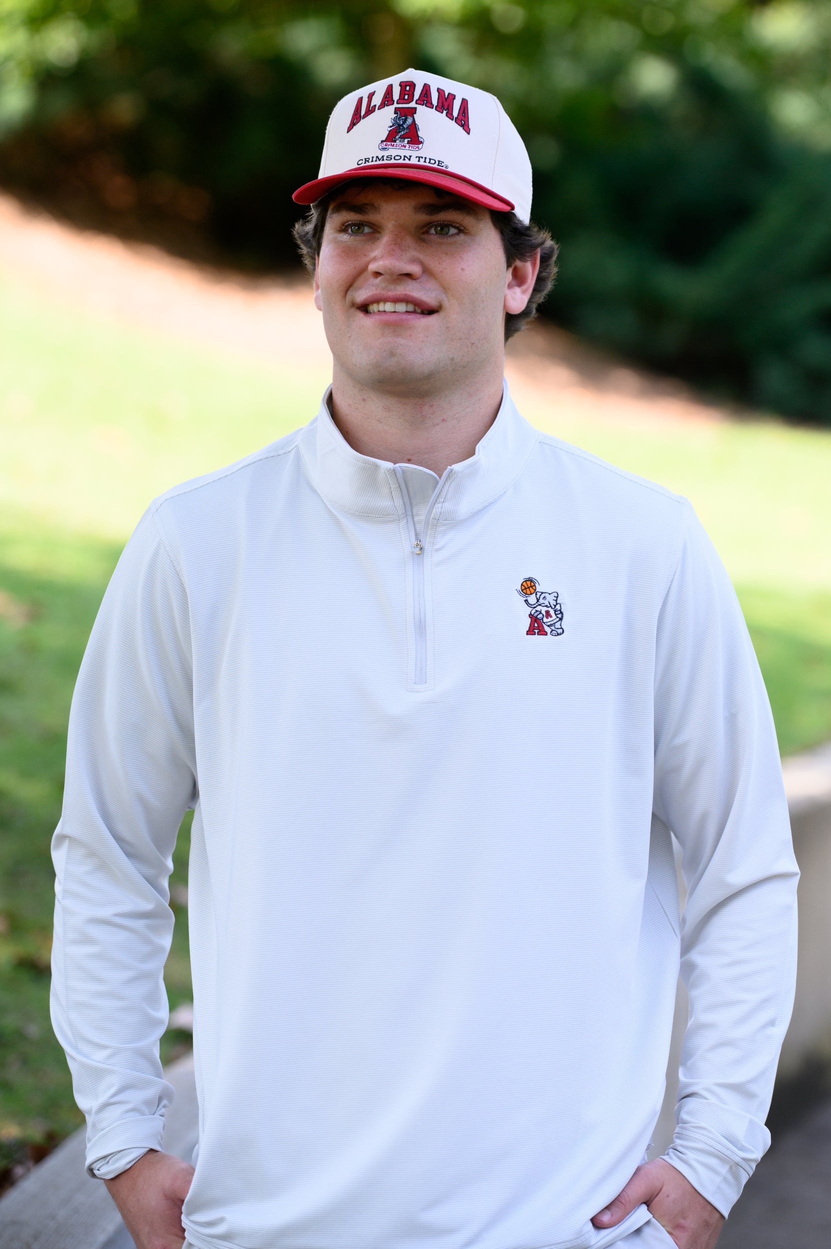 University of Alabama Basketball Al Men's Light Grey 1/4 Zip with an embroidered Big Al in a sweater holding a basketball and leaning against an "A"