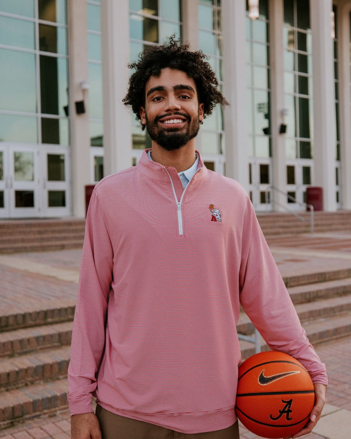 University of Alabama ¼ Zip Crimson Stripe Pullover with Basketball Al Logo Embroidery on the chest