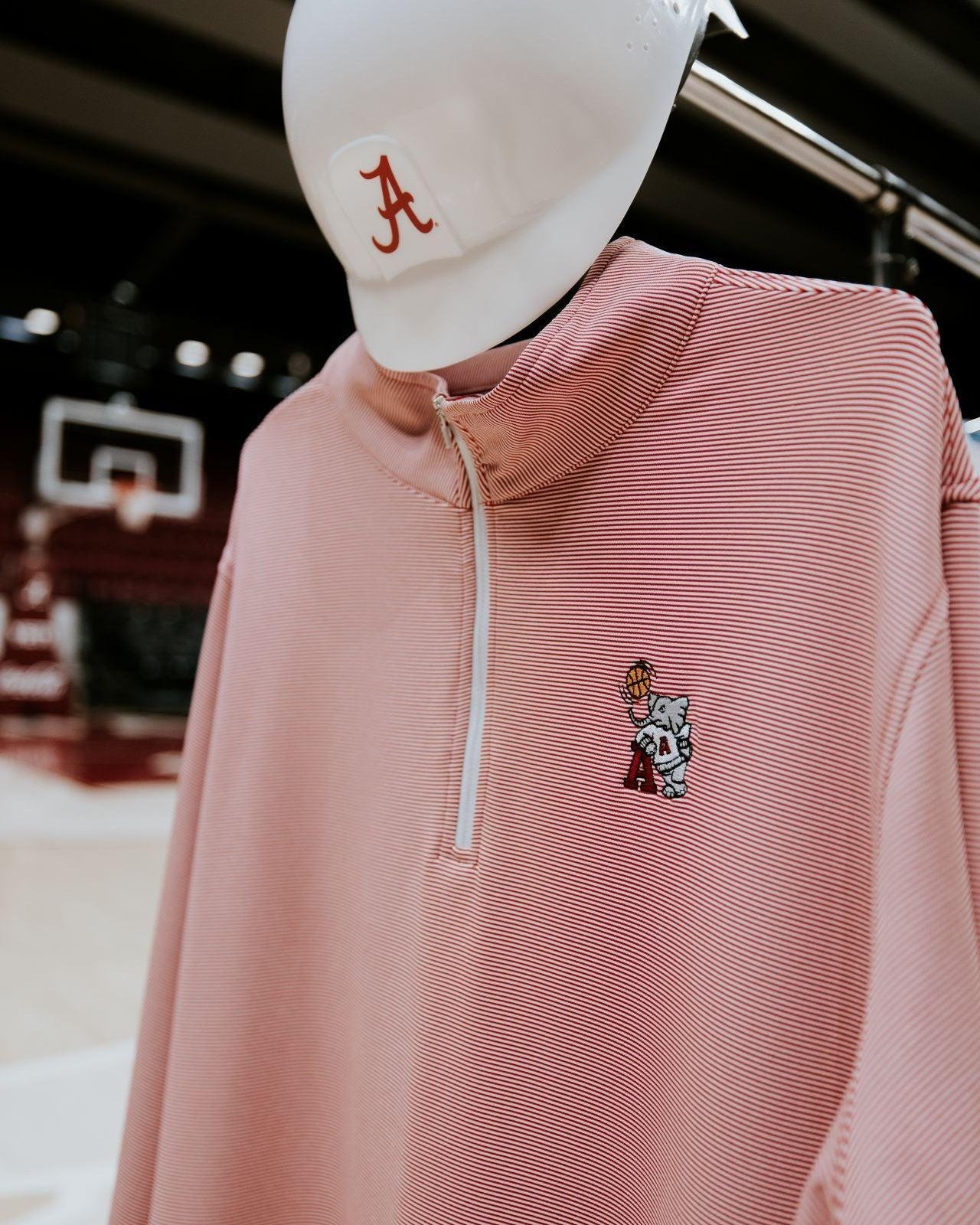 University of Alabama ¼ Zip Crimson Stripe Pullover with Basketball Al Logo Embroidery on the chest