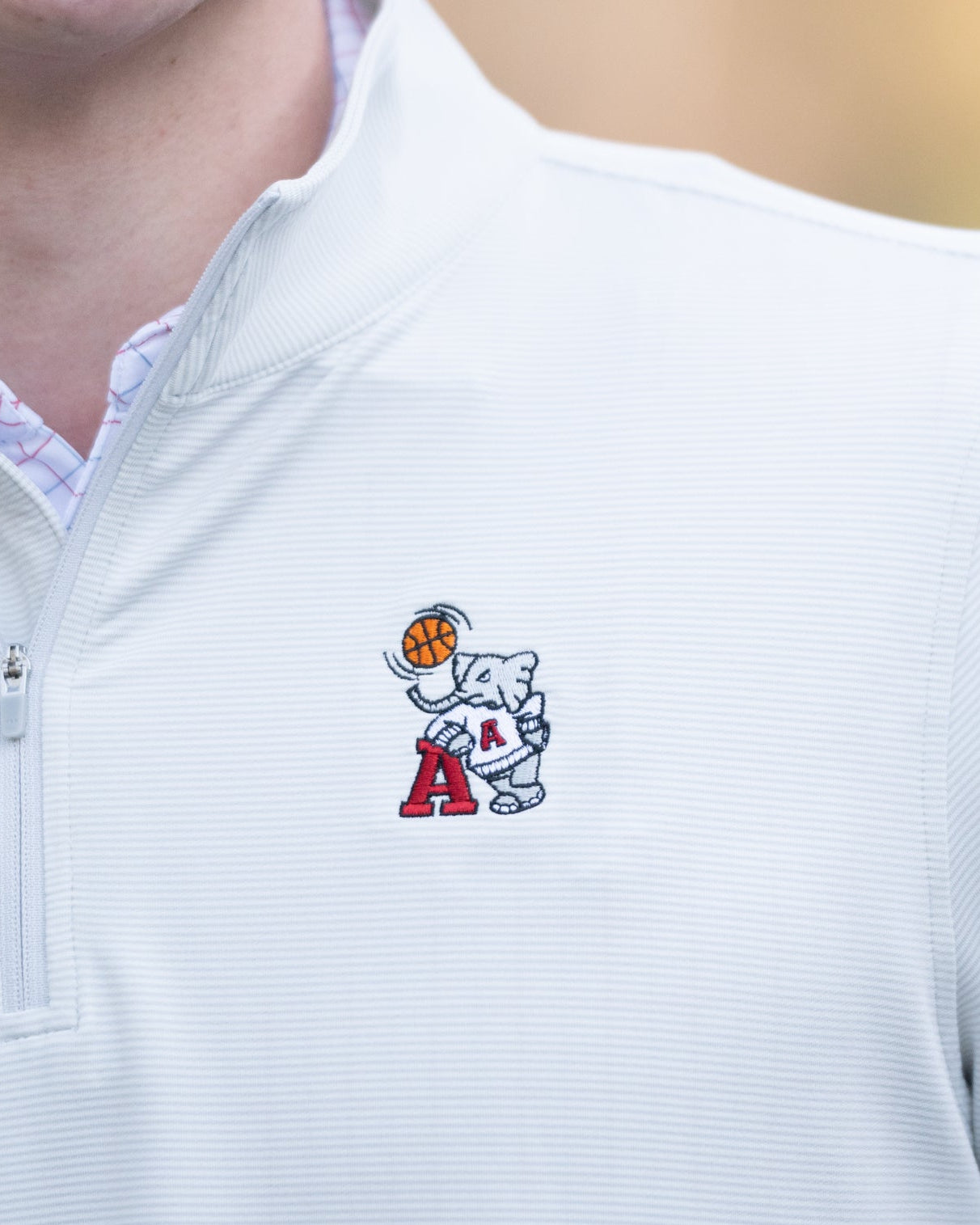 University of Alabama Basketball Al Men's Light Grey 1/4 Zip with an embroidered Big Al in a sweater holding a basketball and leaning against an "A"