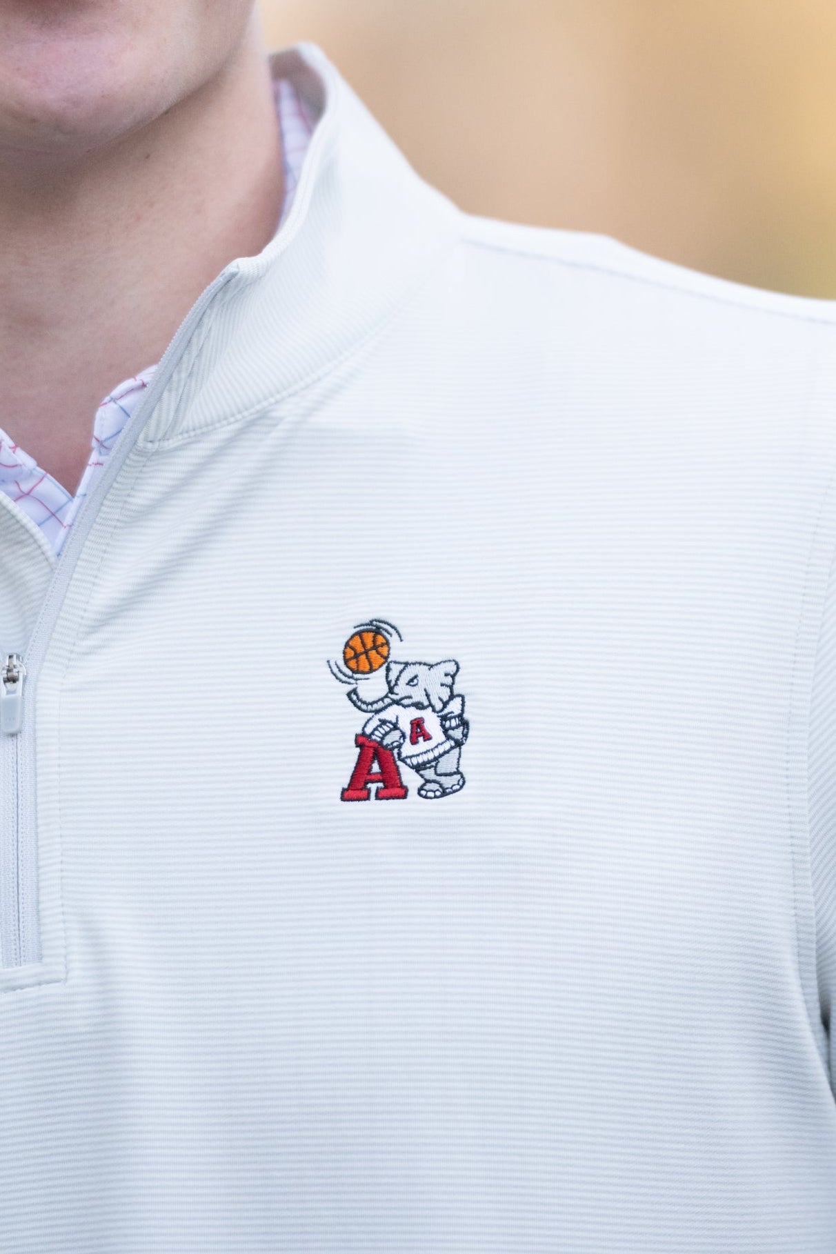 University of Alabama Basketball Al Men's Light Grey 1/4 Zip with an embroidered Big Al in a sweater holding a basketball and leaning against an "A"