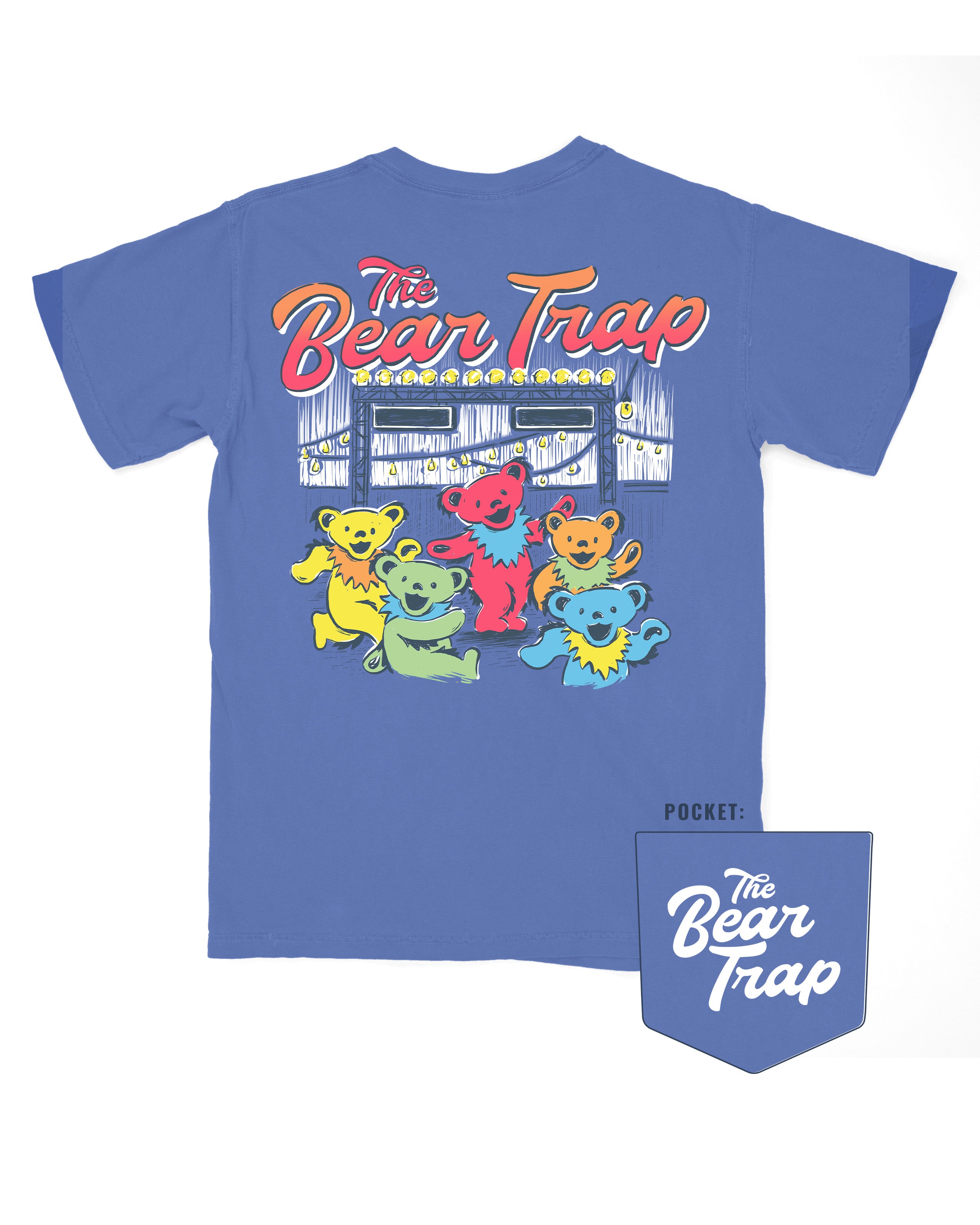 Bear Trap Blue T-Shirt with Dancing Bears under fairy lights and text “The Bear Trap”