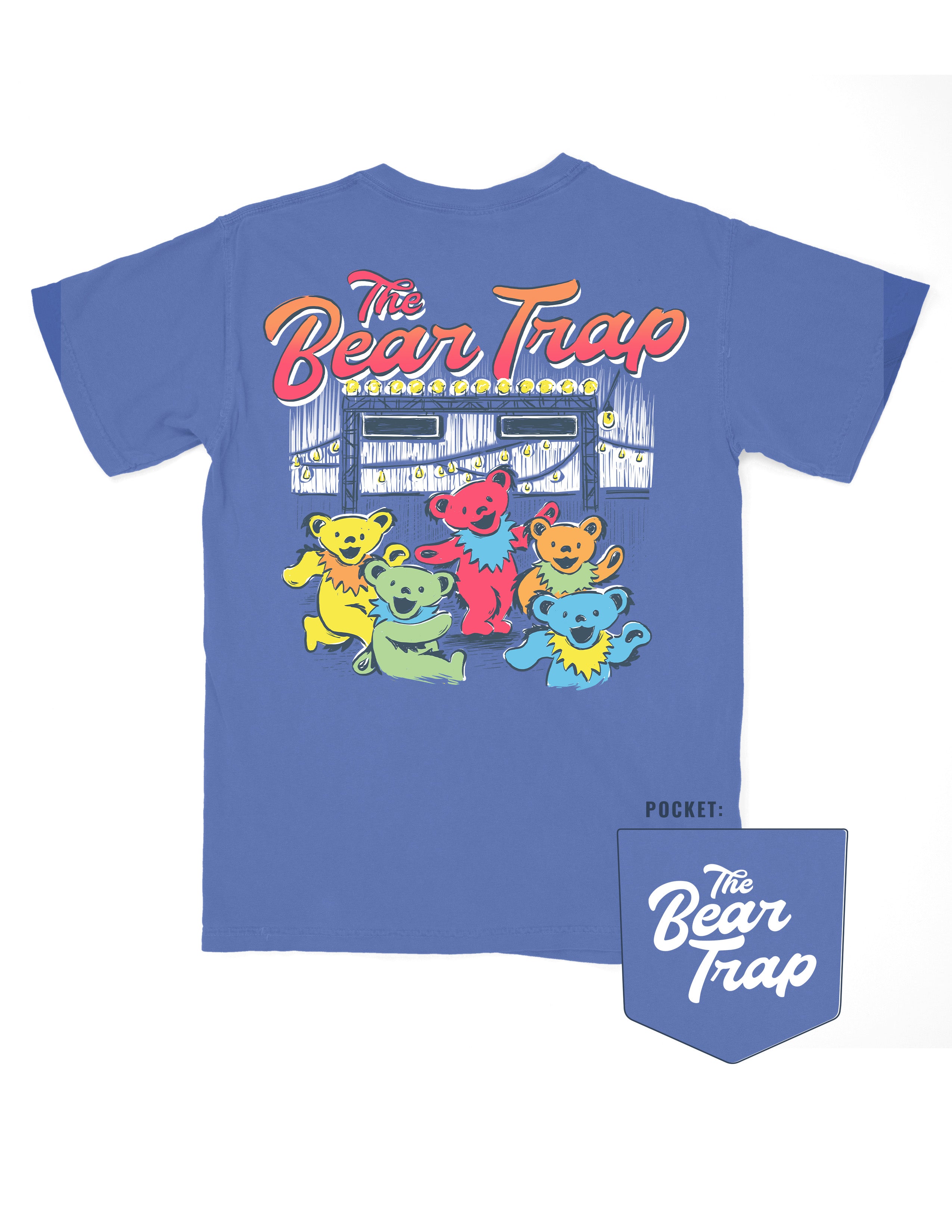 Bear Trap Blue T-Shirt with Dancing Bears under fairy lights and text “The Bear Trap”