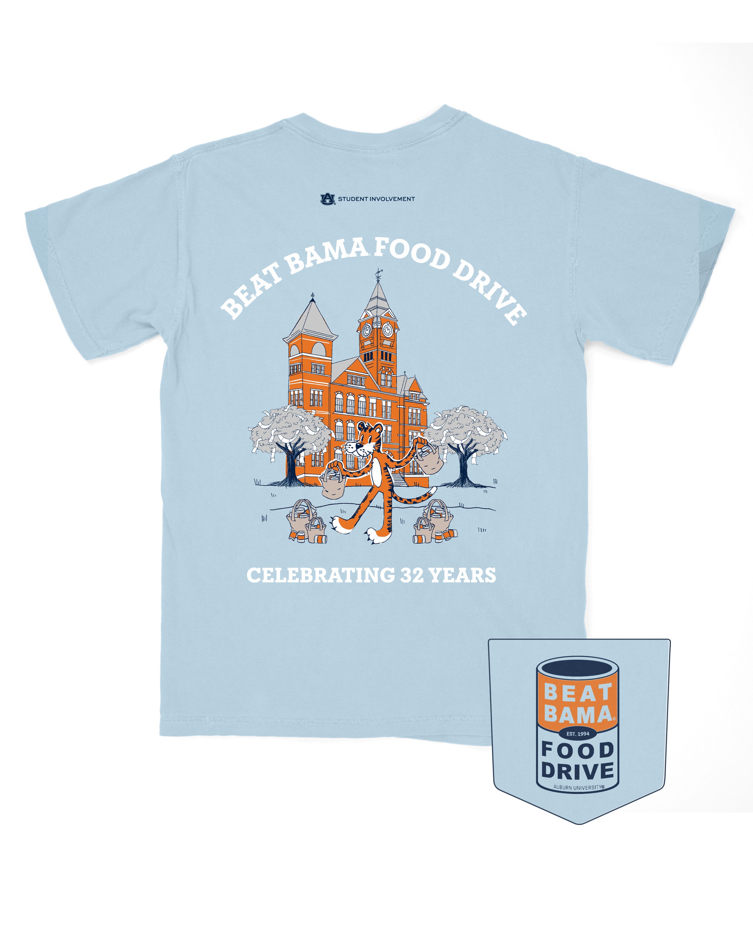 Auburn University Light Blue T-Shirt with Aubie collecting cans around Stamford Hall with White Text “Beat Bama Food Drive Celebrating 32 Years”