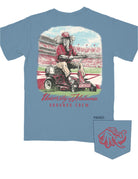 University of Alabama Blue Big Al Grounds Crew Youth T-Shirt with an image of Big Al in a polo and khakis riding a lawnmower