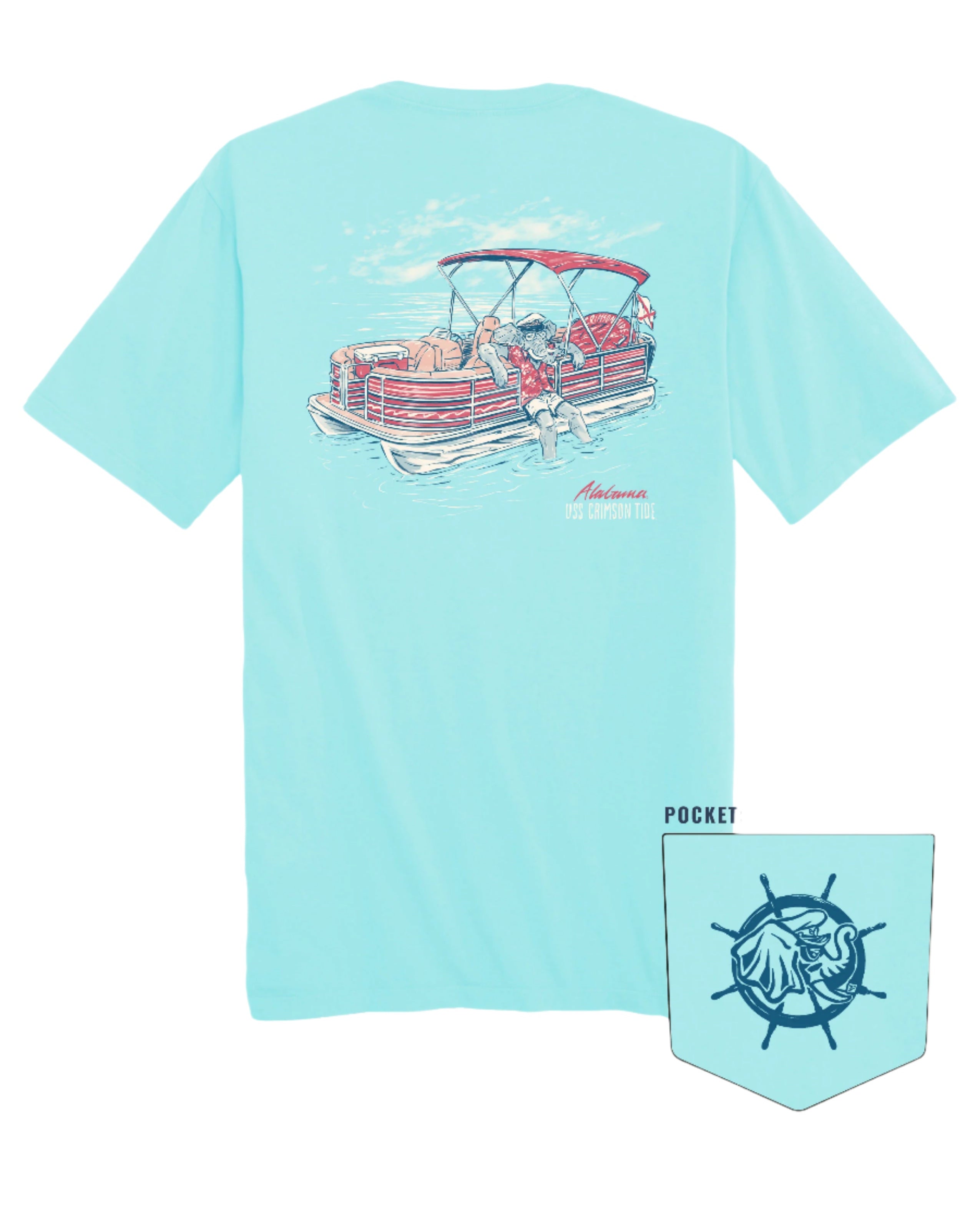 University of Alabama Big Al Pontoon Aqua Comfort Colors T-Shirt with an image of Big Al lounging on the side of a Red and White Pontoon Boat  with the text "USS Crimson Tide" below