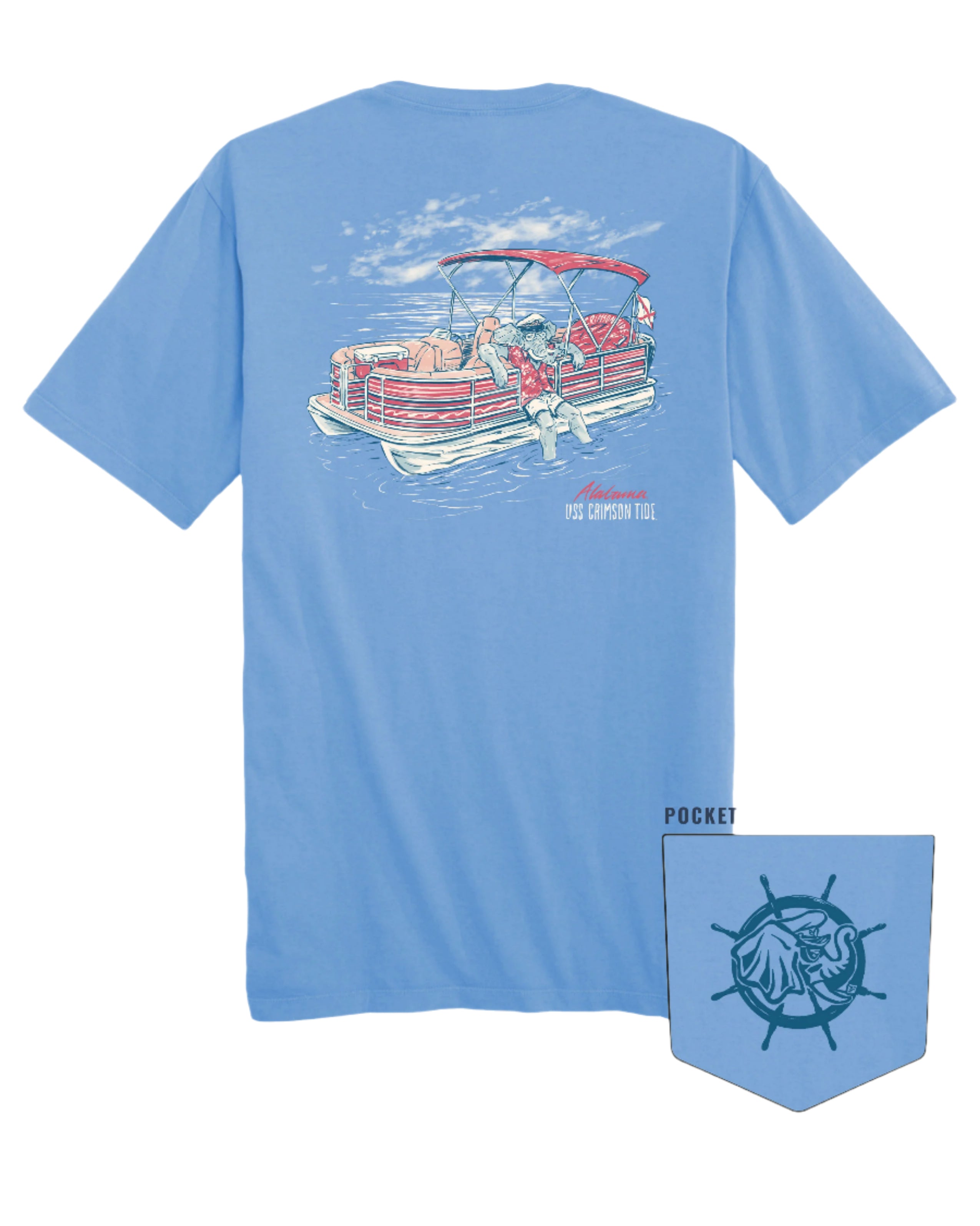 University of Alabama Big Al Pontoon Azure Comfort Colors T-Shirt with an image of Big Al lounging on the side of a Red and White Pontoon Boat  with the text "USS Crimson Tide" below