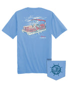University of Alabama Big Al Pontoon Azure Comfort Colors T-Shirt with an image of Big Al lounging on the side of a Red and White Pontoon Boat  with the text "USS Crimson Tide" below