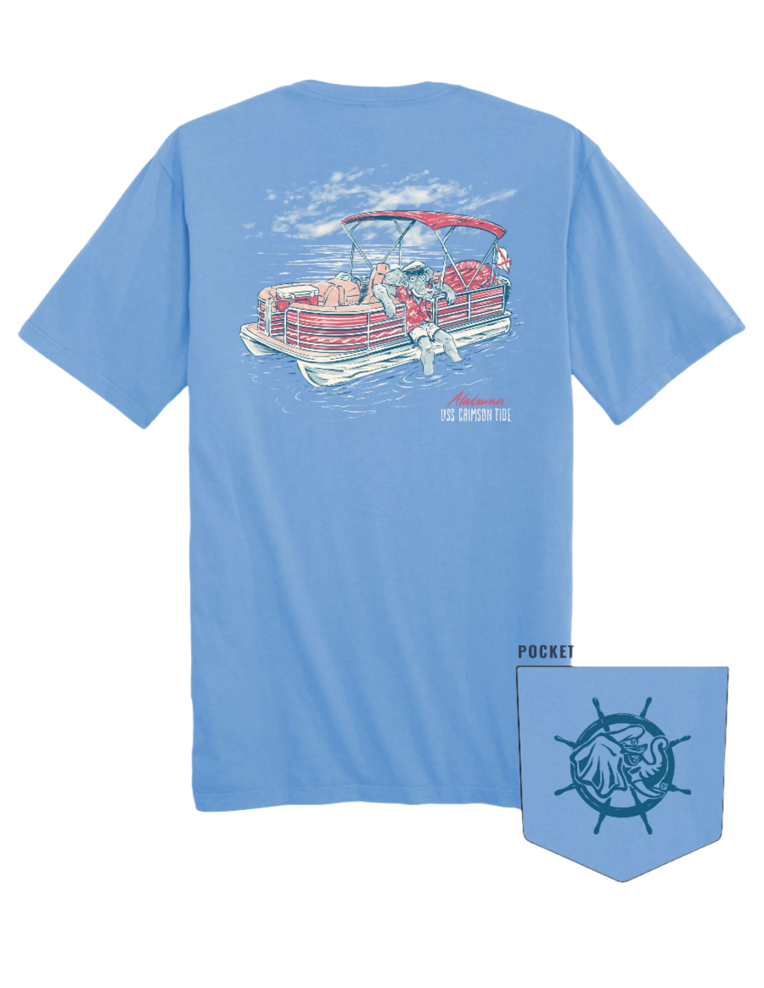 University of Alabama Big Al Pontoon Azure Comfort Colors T-Shirt with an image of Big Al lounging on the side of a Red and White Pontoon Boat with the text "USS Crimson Tide" below