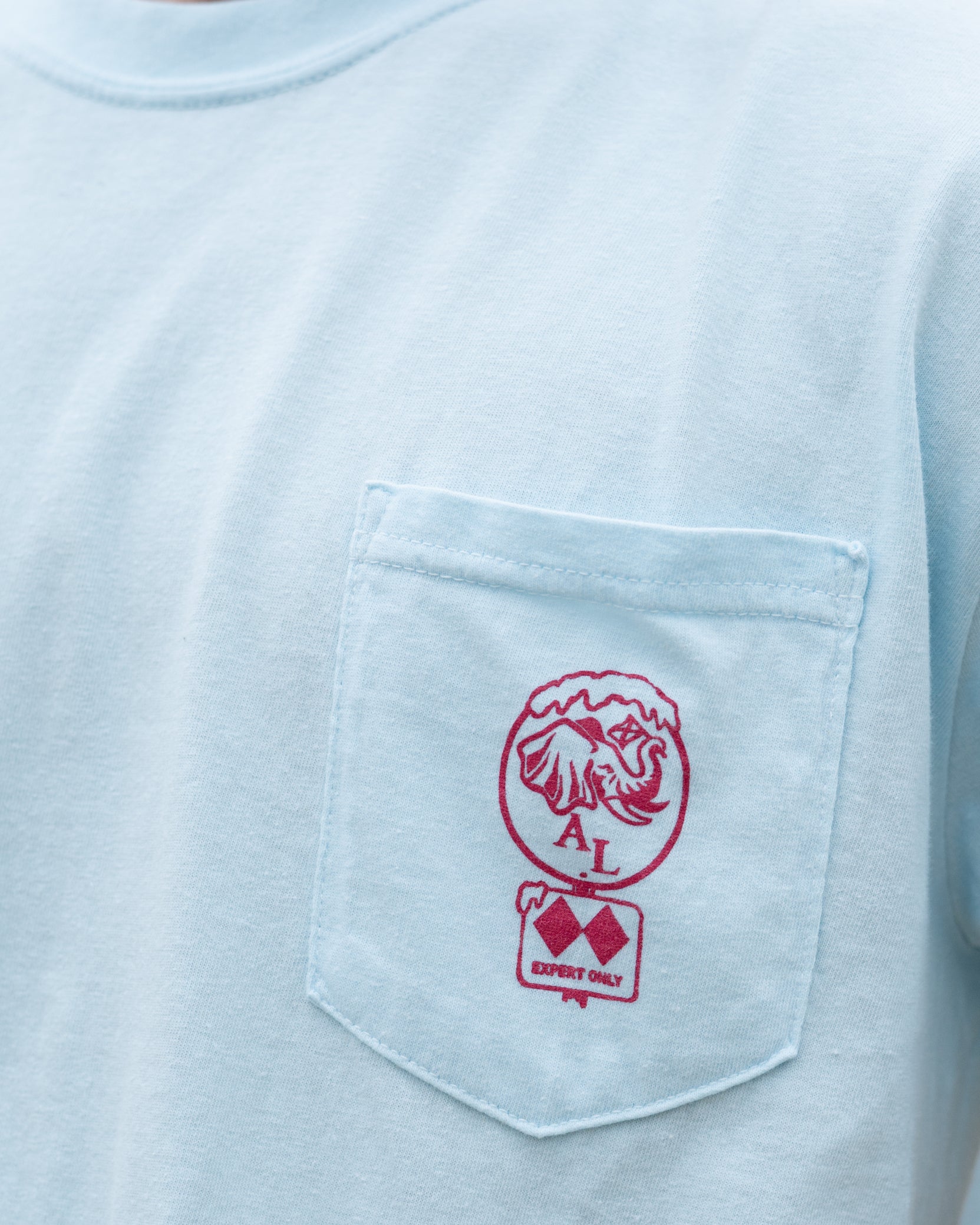 University of Alabama Light Blue T-Shirt with a snow-covered Elephant Seal on the front pocket