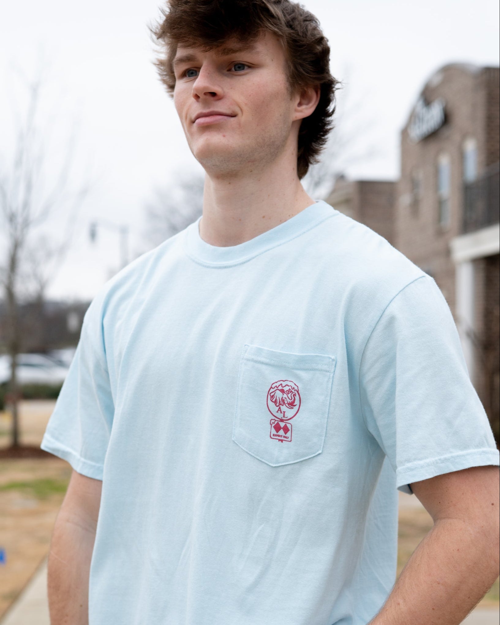 University of Alabama Light Blue T-Shirt with a snow-covered Elephant Seal on the front pocket