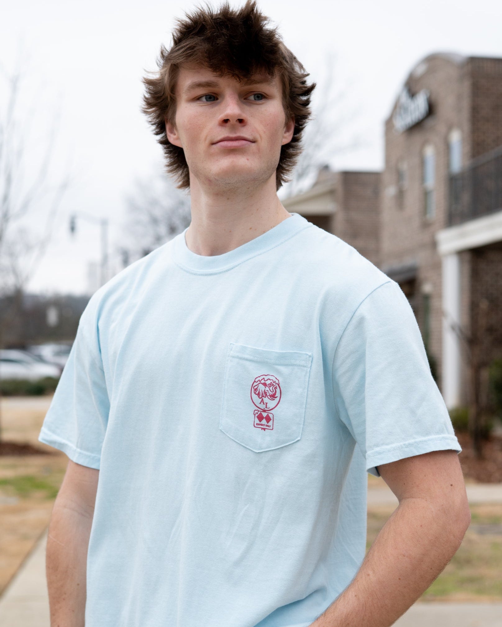 University of Alabama Light Blue T-Shirt with a snow-covered Elephant Seal on the front pocket