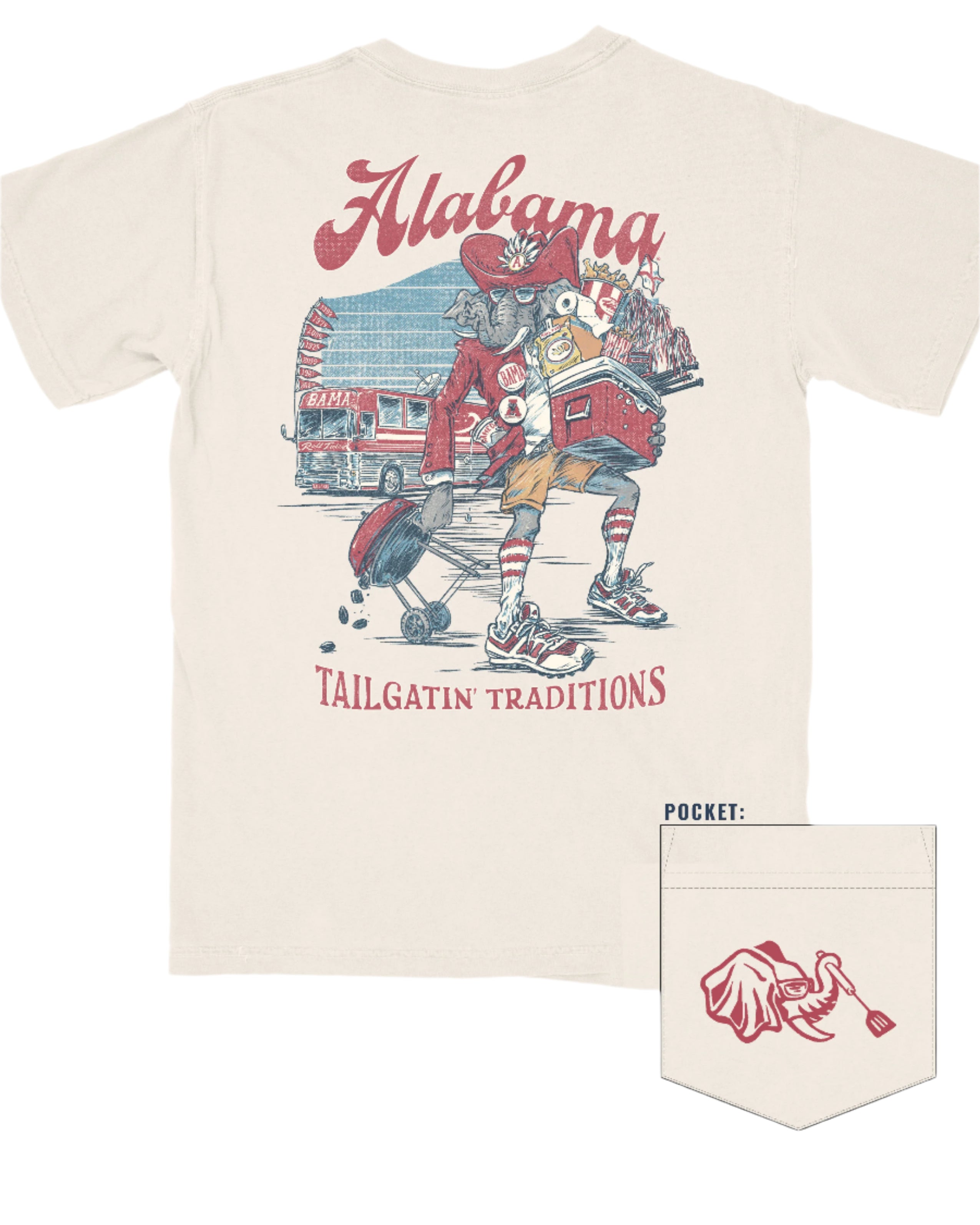 University of Alabama Cream Big Al Tailgate Comfort Colors T-Shirt with an image of Big Al in Gameday Gear with a cooler and a grill above text "Tailgatin' Traditions"