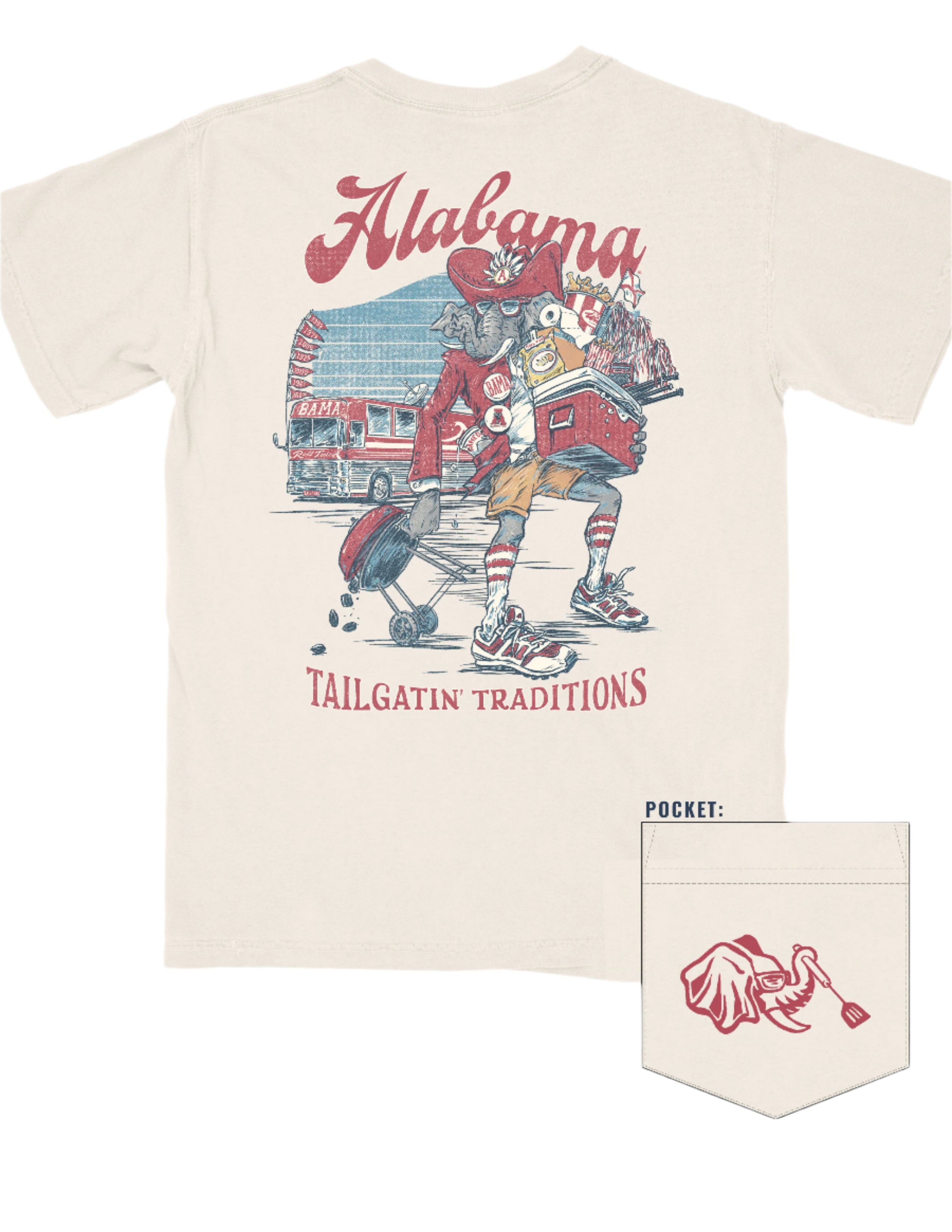 University of Alabama Cream Big Al Tailgate Comfort Colors T-Shirt with an image of Big Al in Gameday Gear with a cooler and a grill above text "Tailgatin' Traditions"