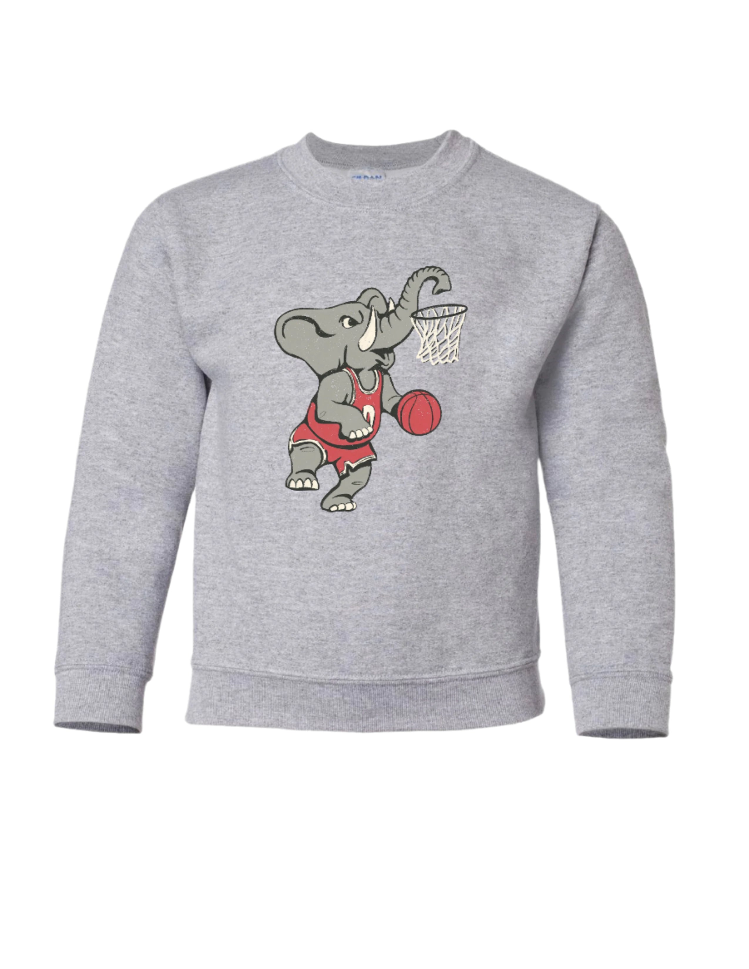 University of Alabama Grey Big Al Youth Sweatshirt with an image of Big Al in a basketball uniform dunking a basketball