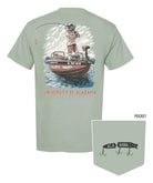 University of Alabama Light Green T-Shirt with an image of Big Al bass fishing in a boat