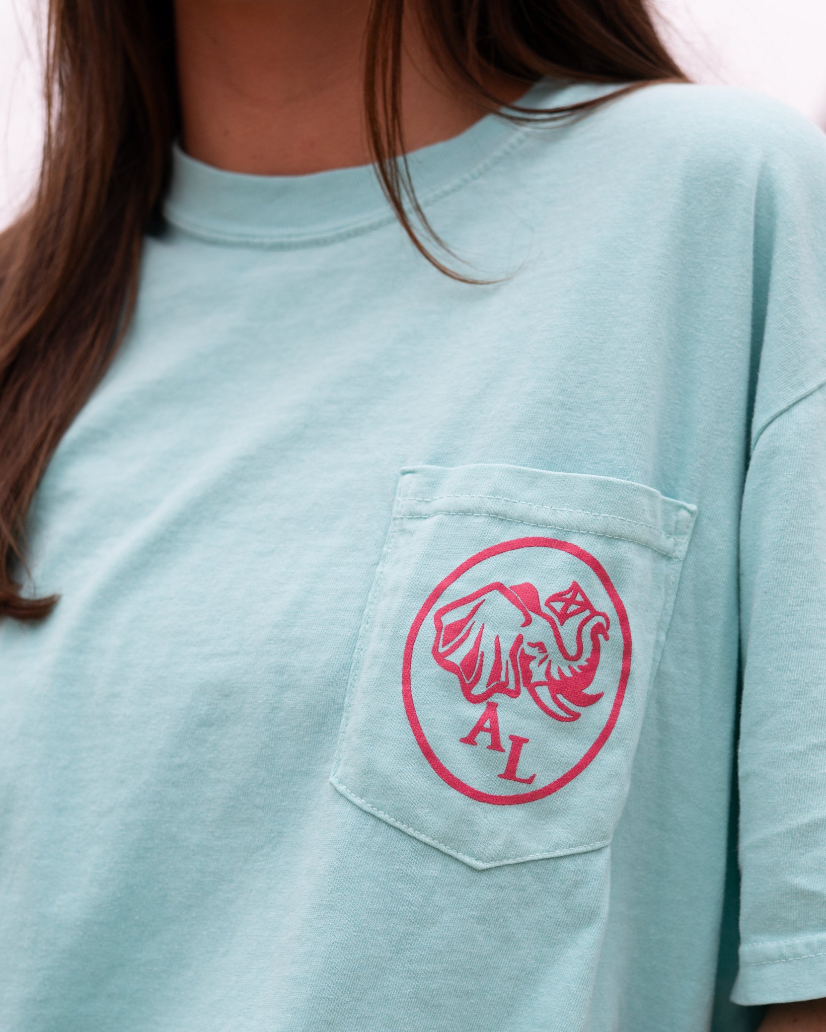 University of Alabama Mint T-Shirt with the Elephant Seal Logo on the front pocket