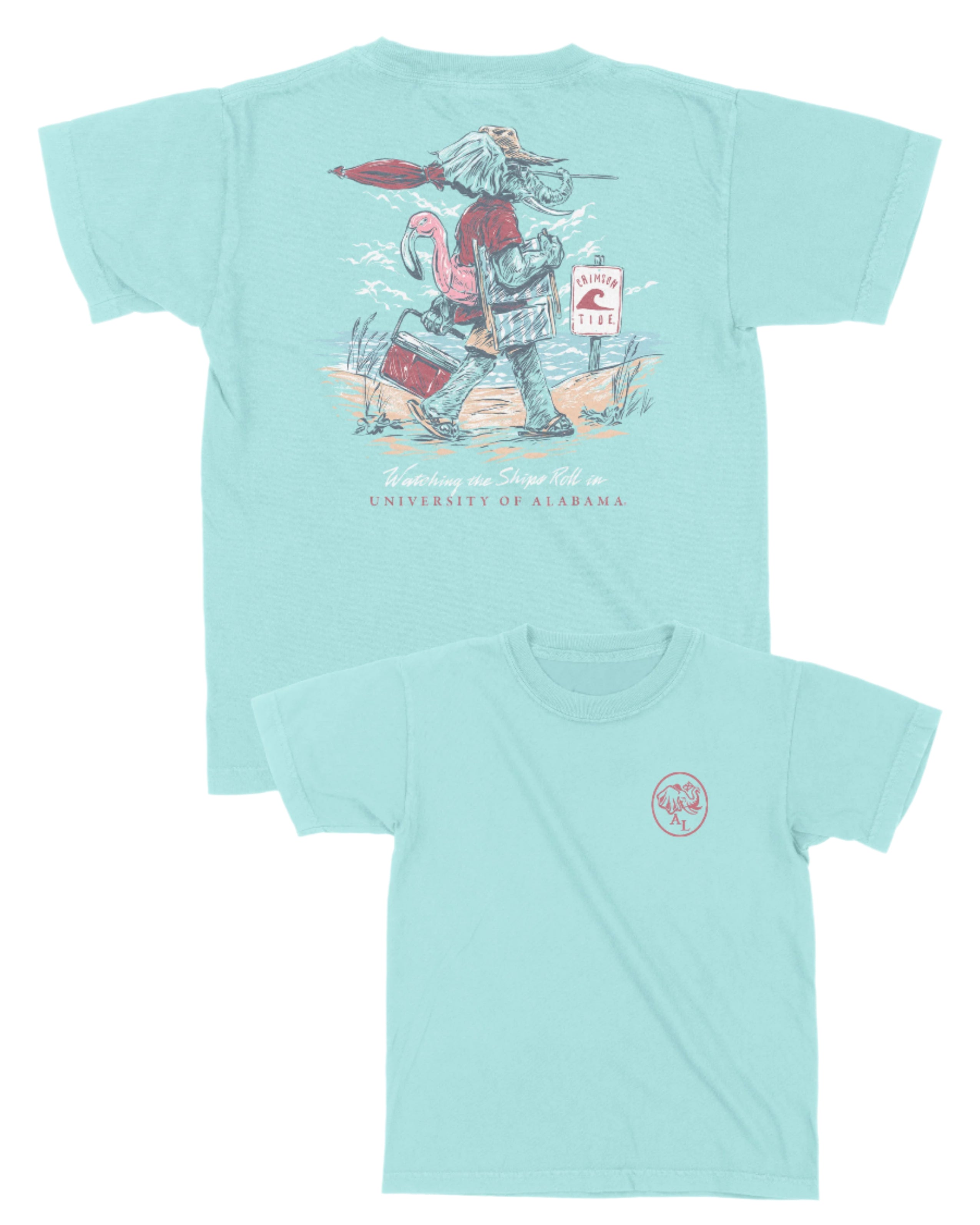 University of Alabama Big Al Beach Chalky Mint Comfort Colors Youth T-Shirt with an image of Big Al in beach clothes carrying an umbrella dragging a cooler across the sand