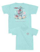 University of Alabama Big Al Beach Chalky Mint Comfort Colors Youth T-Shirt with an image of Big Al in beach clothes carrying an umbrella dragging a cooler across the sand