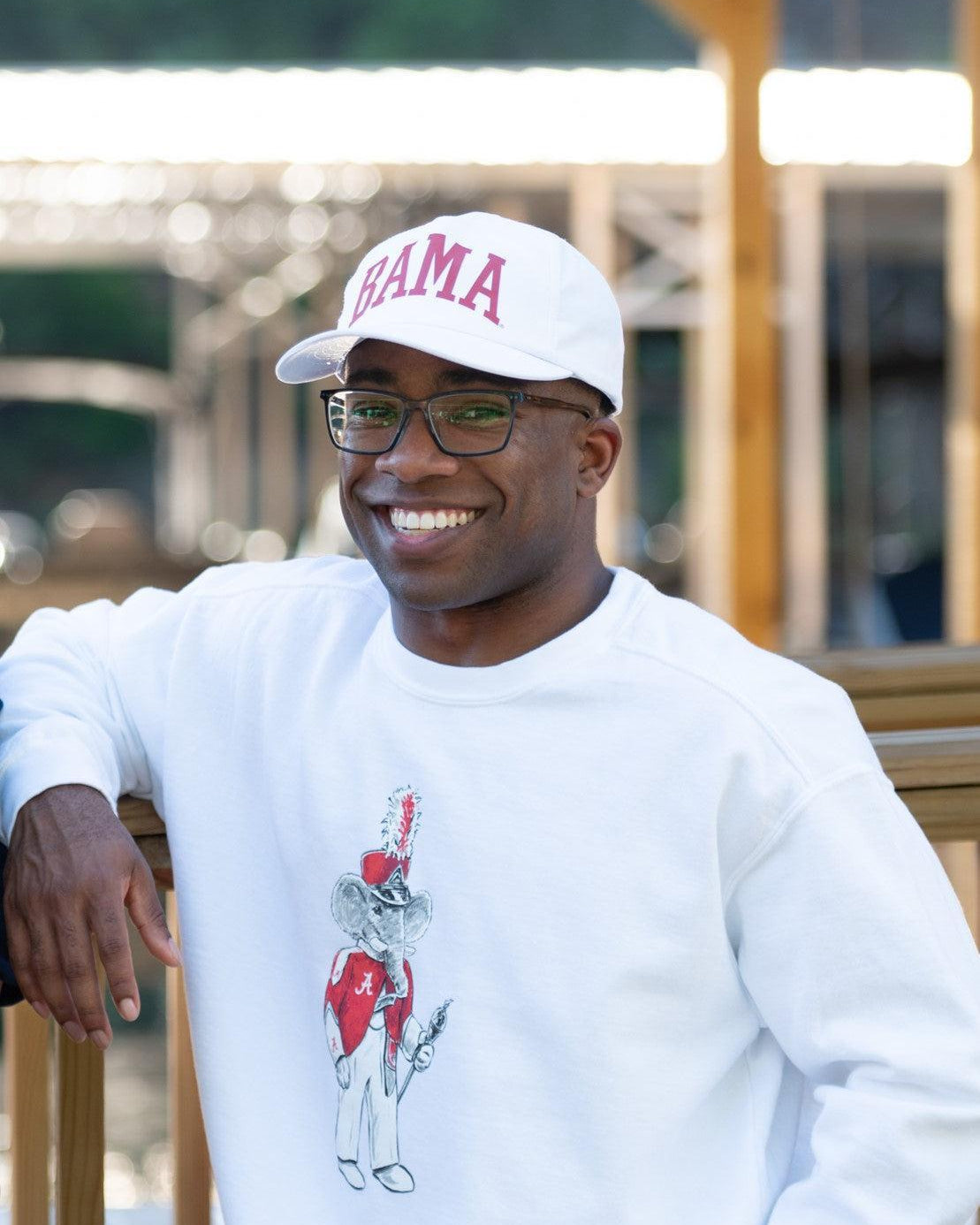 University of Alabama Big Al Drum Major White Hanes Sweatshirt with an image of Big Al wearing a Drum Major's outfit and holding the baton