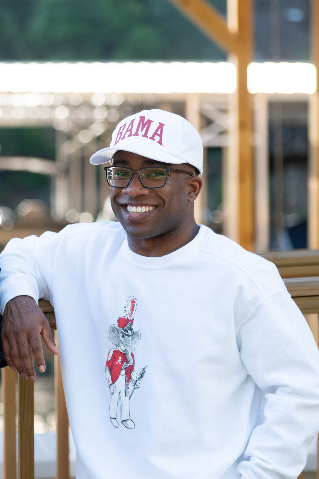 University of Alabama Big Al Drum Major White Hanes Sweatshirt with an image of Big Al wearing a Drum Major's outfit and holding the baton
