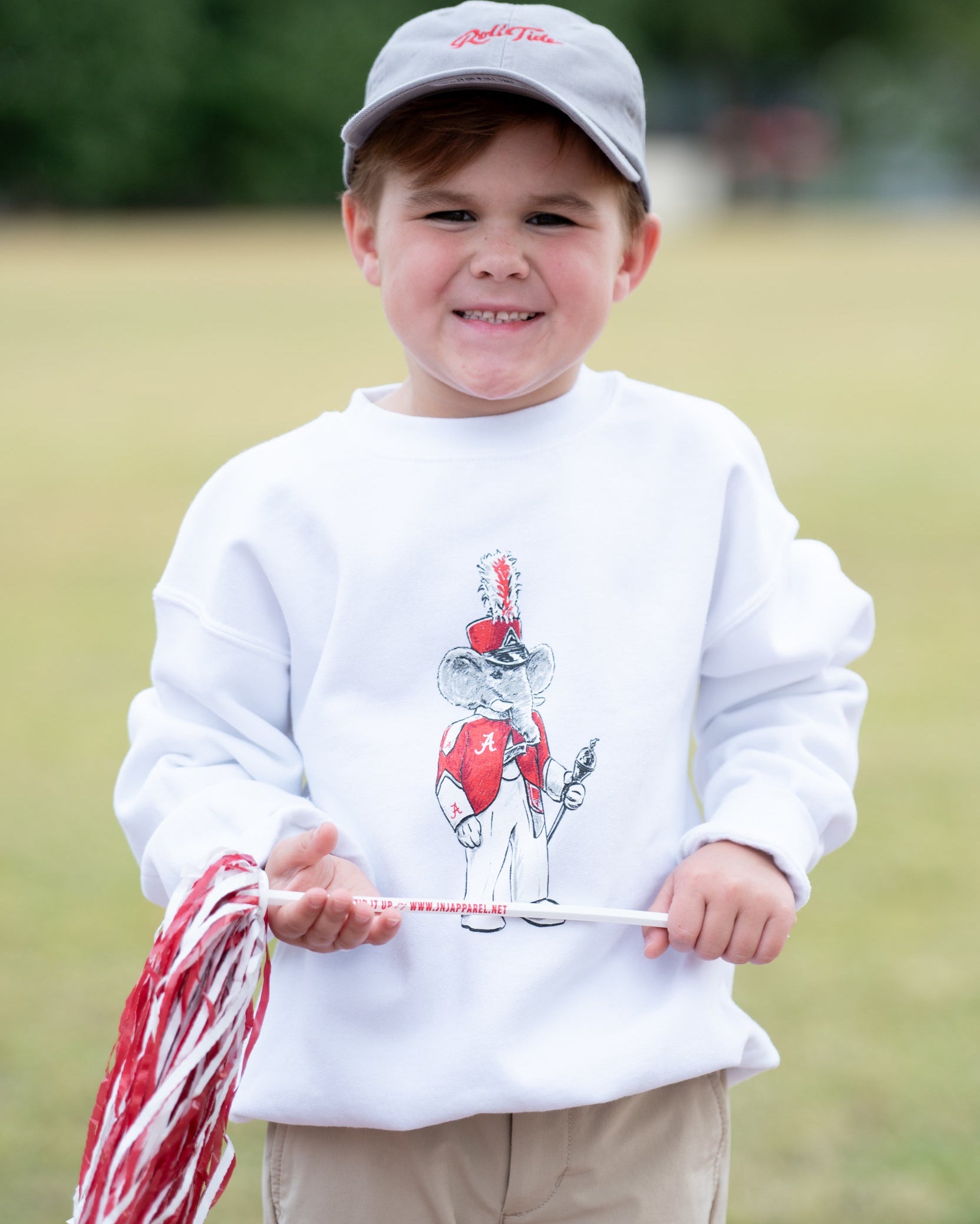 University of Alabama Big Al Drum Major White Gildan Sweatshirt with an image of Big Al wearing a Drum Major's outfit and holding the baton