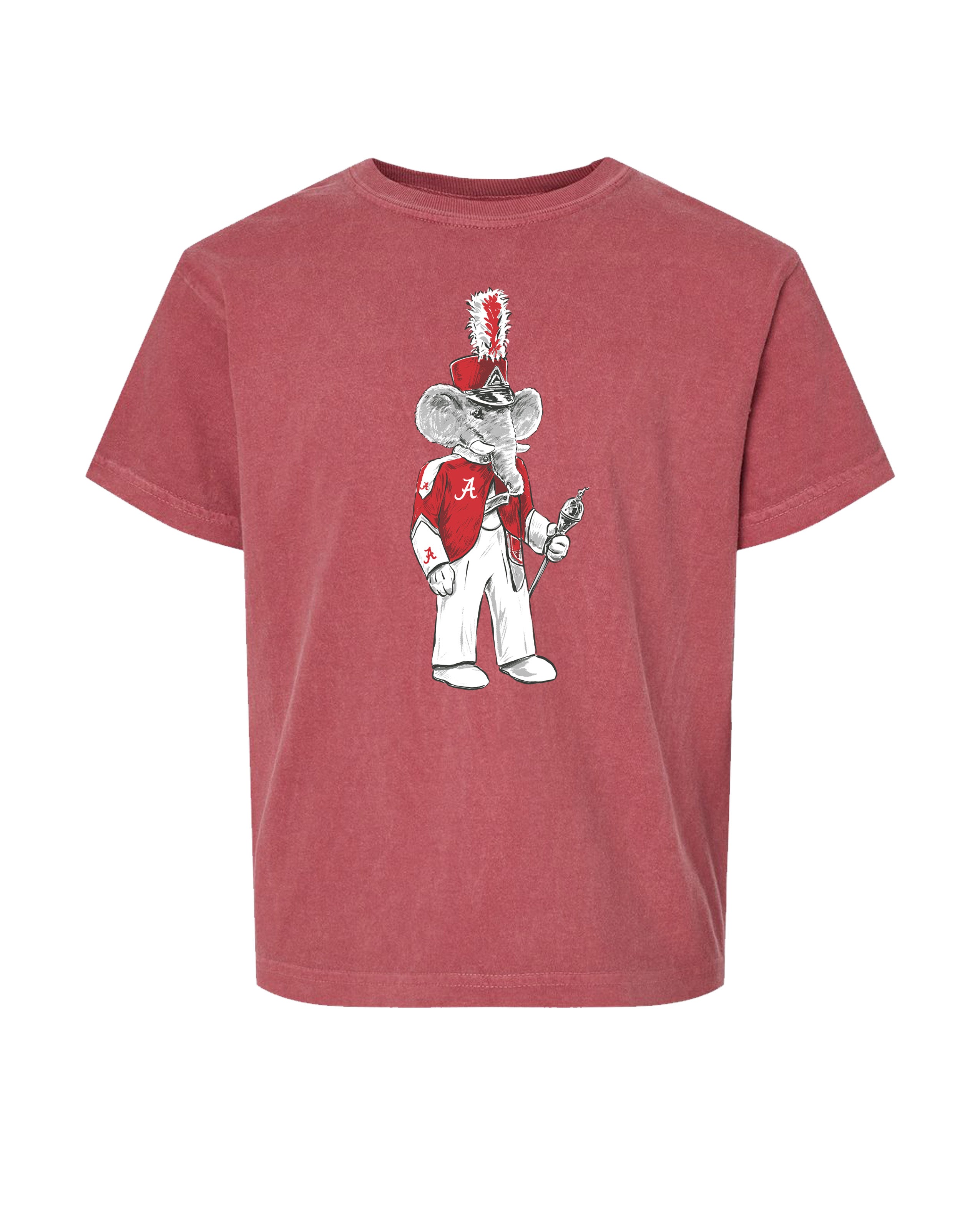 University of Alabama Big Al Drum Major Grey Gildan Youth T-Shirt with an image of Big Al wearing a Drum Major's outfit and holding the baton