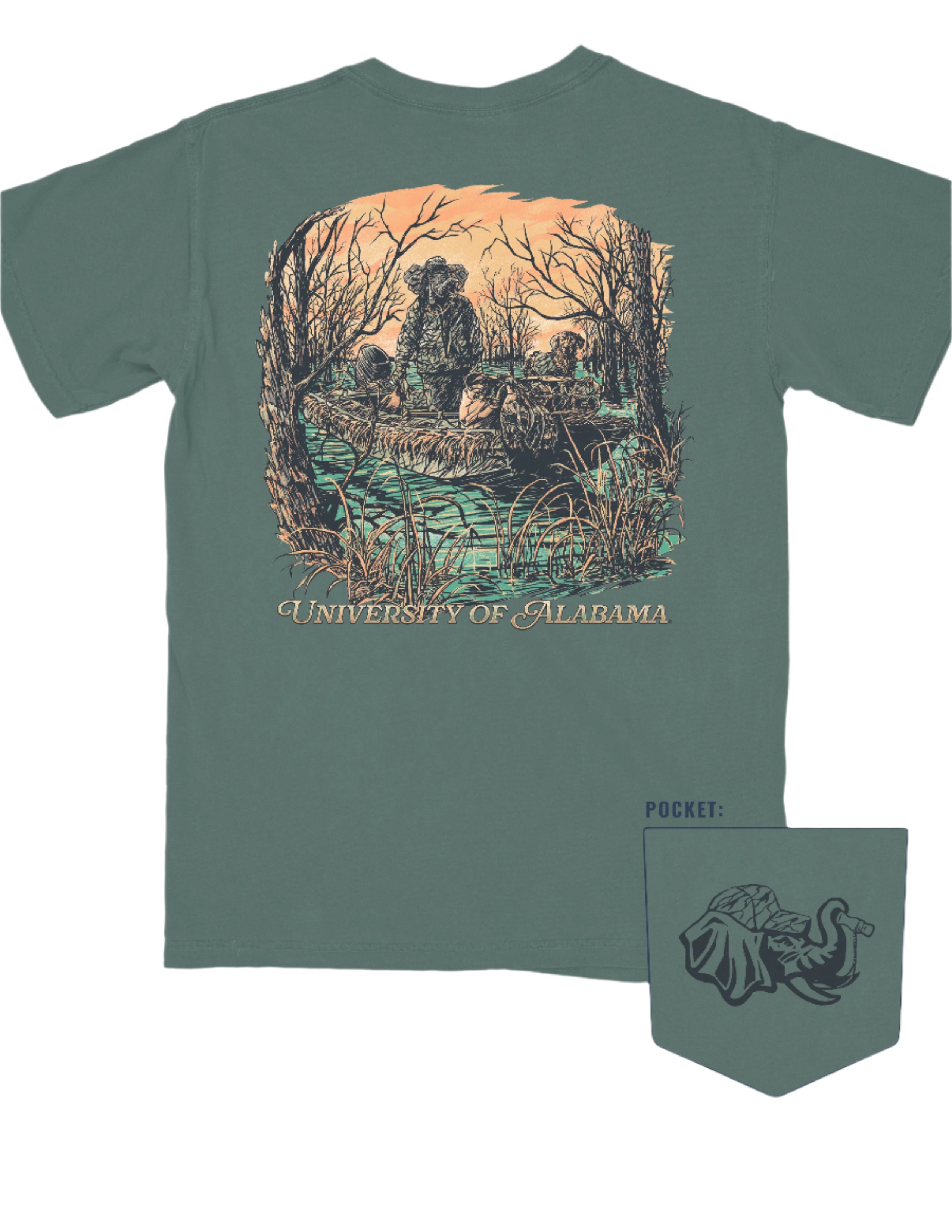 University of Alabama Big Al Duck Hunt Blue Spruce Comfort Colors T-Shirt with an image of Big Al wearing hunting gear with a dog in a boat in the swamp