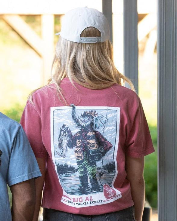 University of Alabama Big Al Fishing Comfort Colors Grey T-Shirt with image of Big Al standing in the water holding a fishing pole