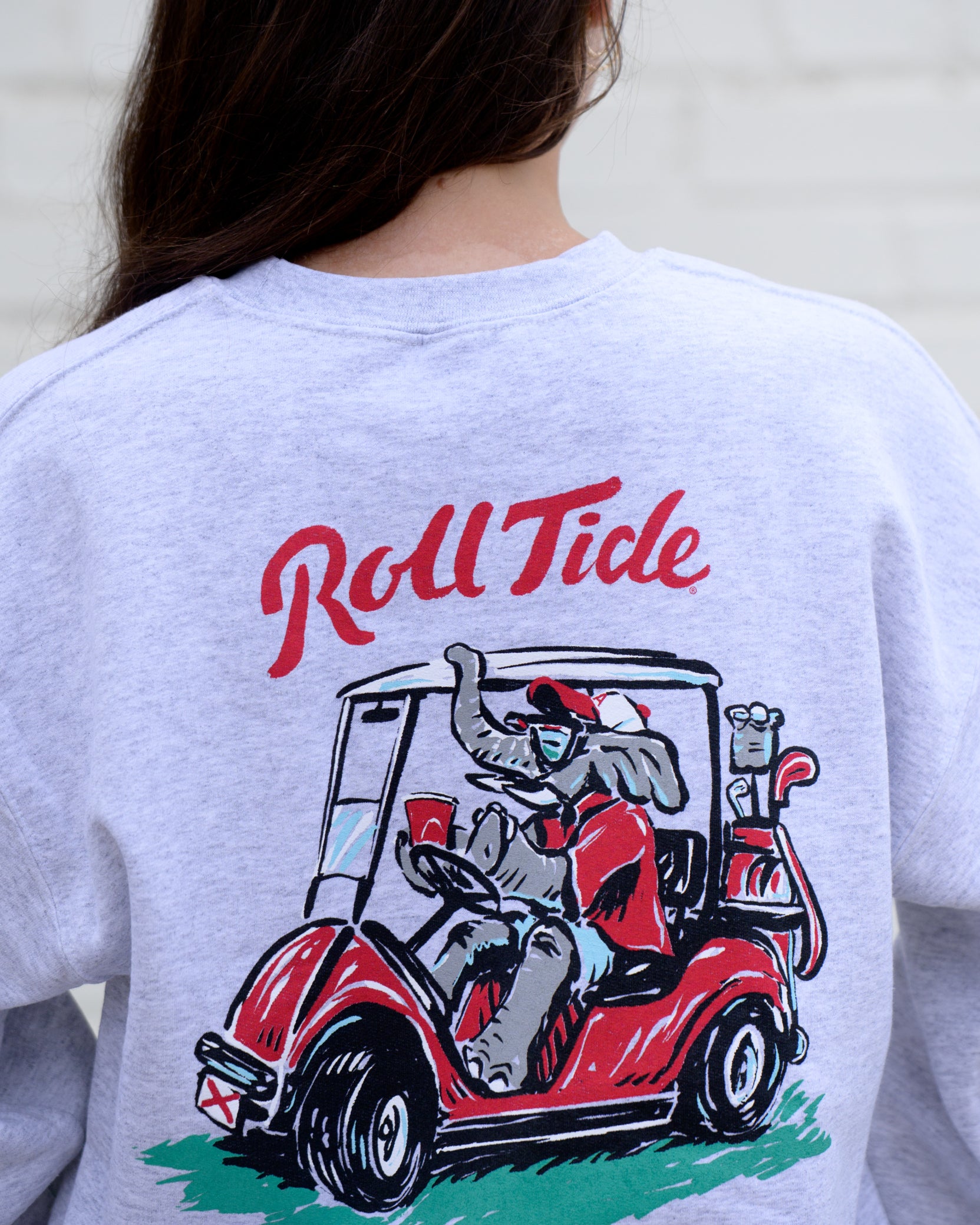 University of Alabama Big Al Golf Cart Grey Gildan Sweatshirt with the text "Roll Tide" above an image of Big Al wearing sunglasses and driving a golf cart