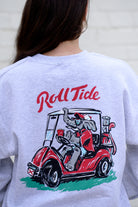 University of Alabama Big Al Golf Cart Grey Gildan Sweatshirt with the text "Roll Tide" above an image of Big Al wearing sunglasses and driving a golf cart