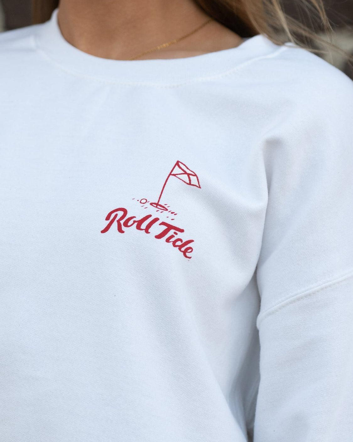 University of Alabama Big Al Golf Cart Grey Gildan Sweatshirt with the text "Roll Tide" above an image of Big Al wearing sunglasses and driving a golf cart