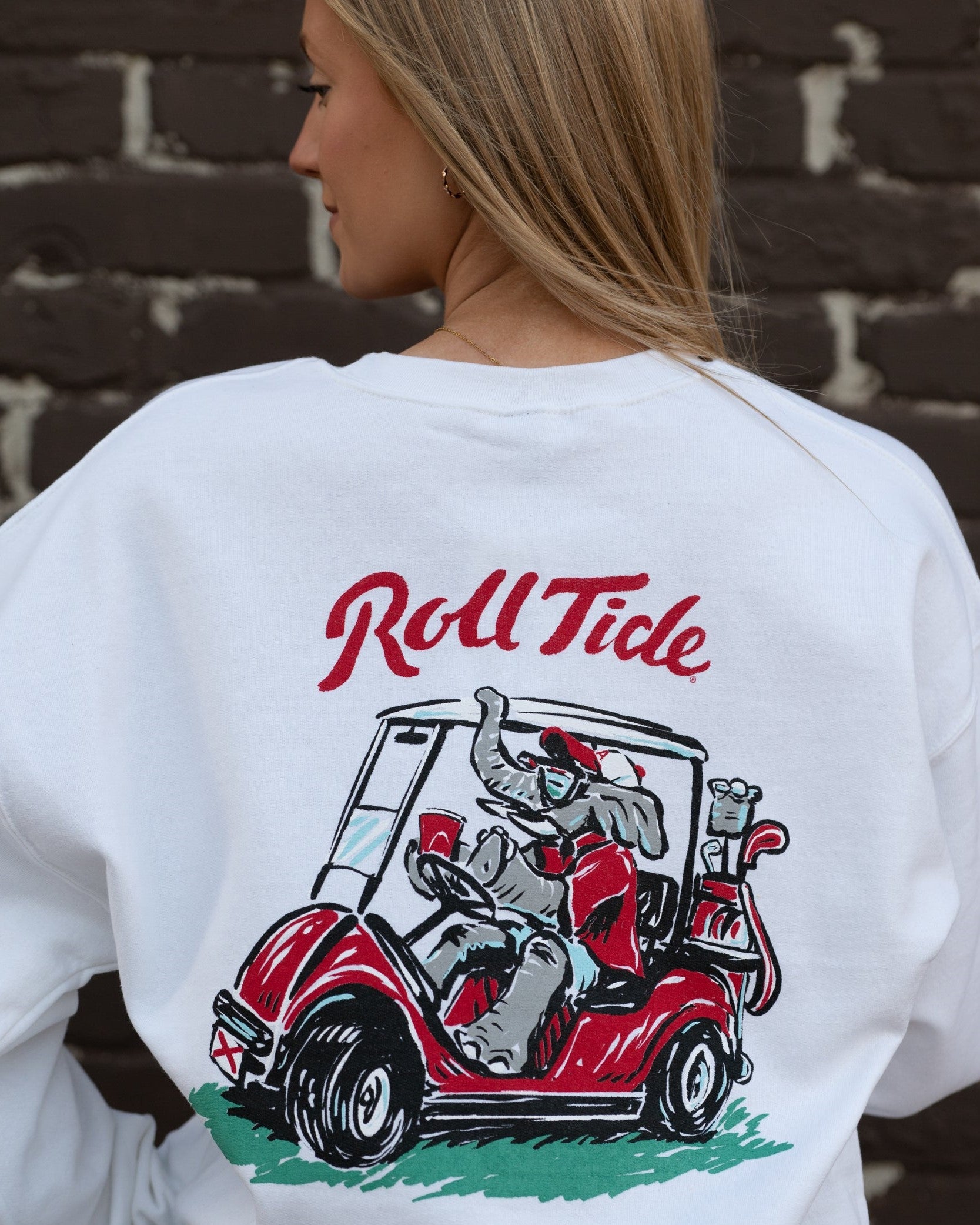 University of Alabama Big Al Golf Cart Grey Gildan Sweatshirt with the text "Roll Tide" above an image of Big Al wearing sunglasses and driving a golf cart