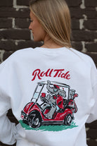 University of Alabama Big Al Golf Cart Grey Gildan Sweatshirt with the text "Roll Tide" above an image of Big Al wearing sunglasses and driving a golf cart