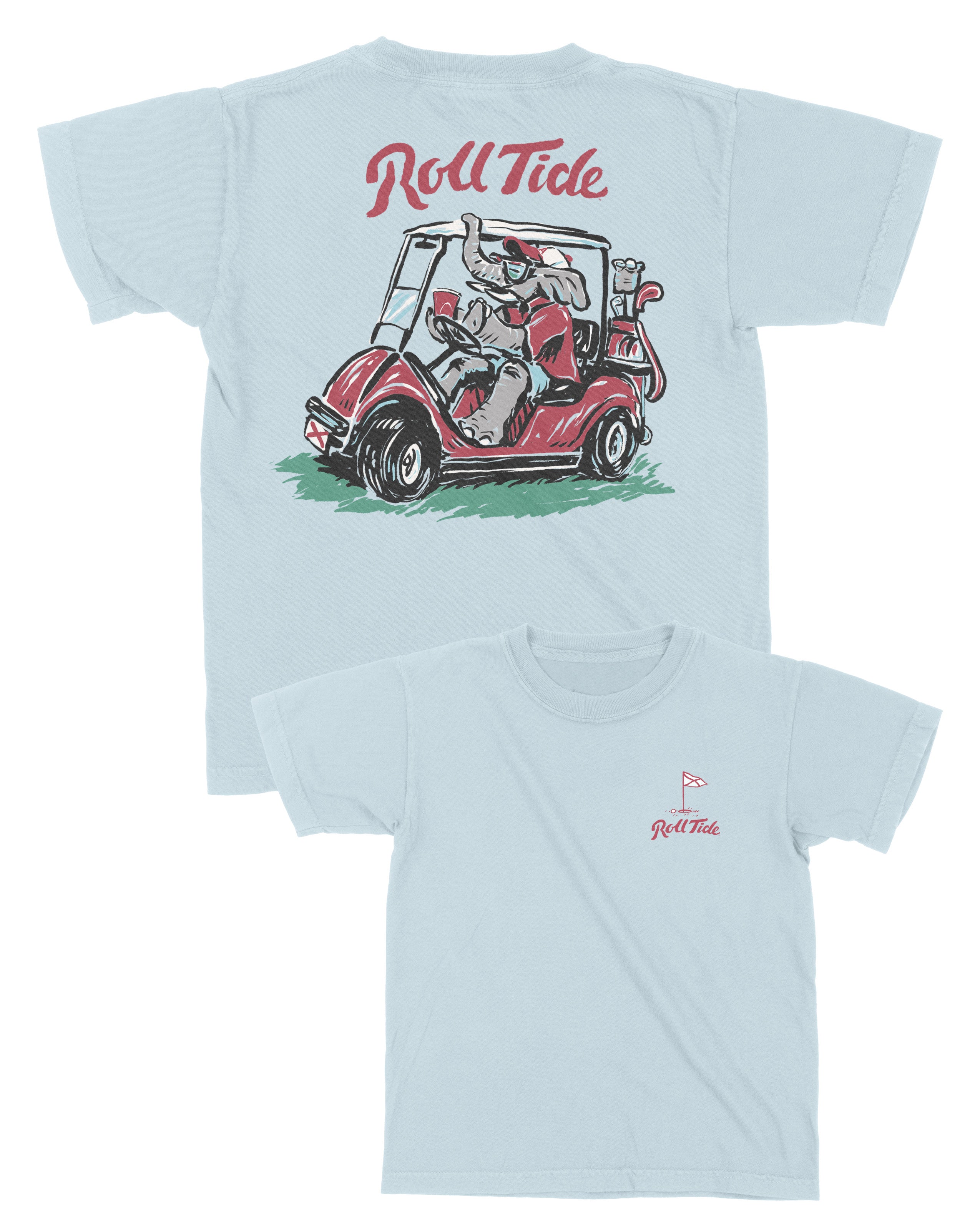 University of Alabama Big Al Golf Cart Blue SoftShirts Youth Tee with the text "Roll Tide" above an image of Big Al wearing sunglasses and driving a golf cart