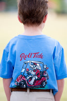 University of Alabama Big Al Golf Cart Blue SoftShirts Youth Tee with the text "Roll Tide" above an image of Big Al wearing sunglasses and driving a golf cart