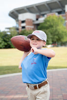 University of Alabama Big Al Golf Cart Blue SoftShirts Youth Tee with the text "Roll Tide" above an image of Big Al wearing sunglasses and driving a golf cart