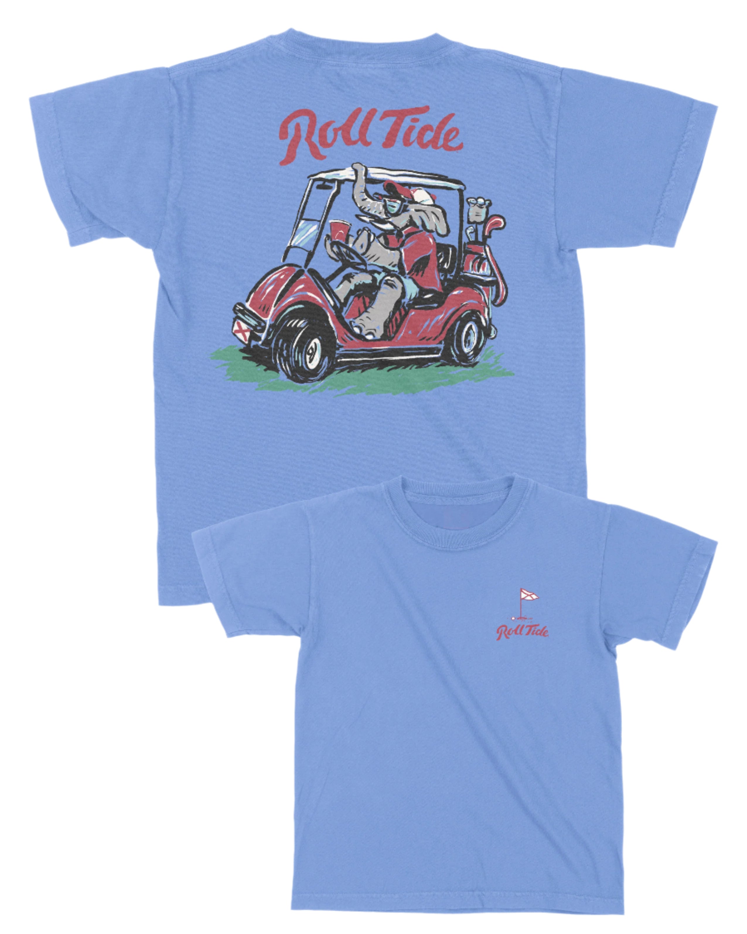 University of Alabama Big Al Golf Cart Blue SoftShirts Youth Tee with the text "Roll Tide" above an image of Big Al wearing sunglasses and driving a golf cart