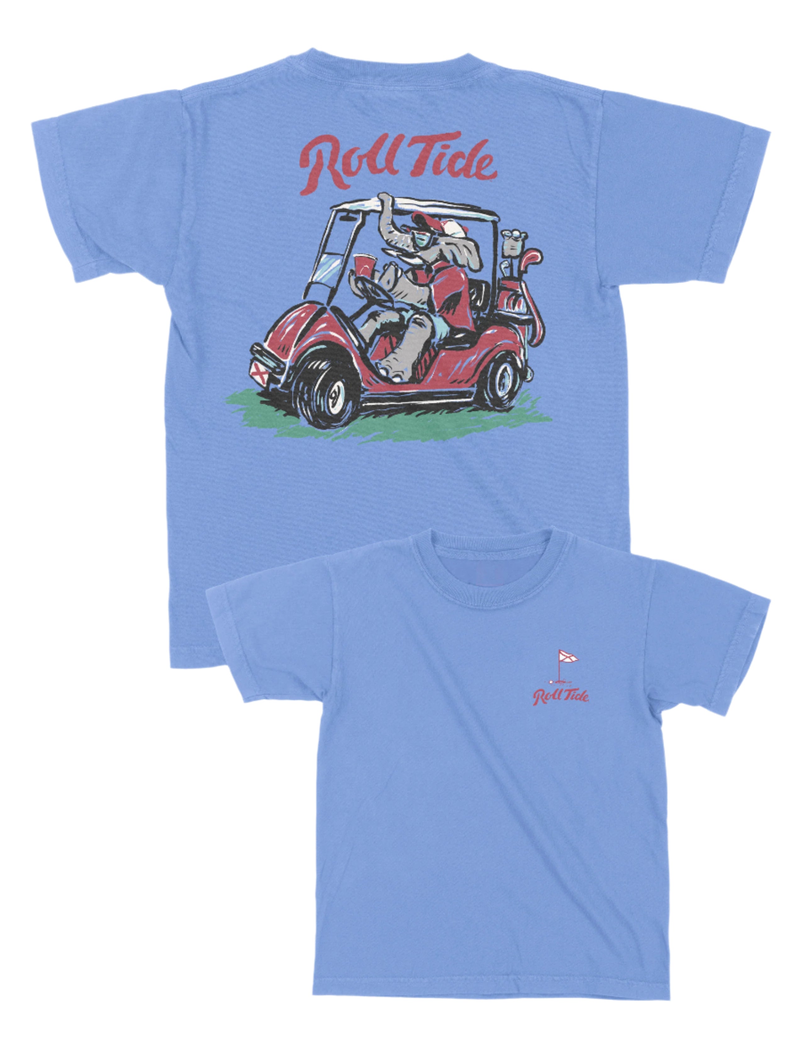 University of Alabama Big Al Golf Cart Blue SoftShirts Youth Tee with the text "Roll Tide" above an image of Big Al wearing sunglasses and driving a golf cart