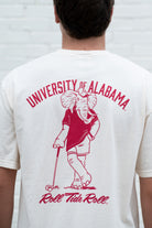 University of Alabama Ivory T-Shirt with an image of Big Al leaning against a golf club between Red Text "University of Alabama" and "Roll Tide Roll"