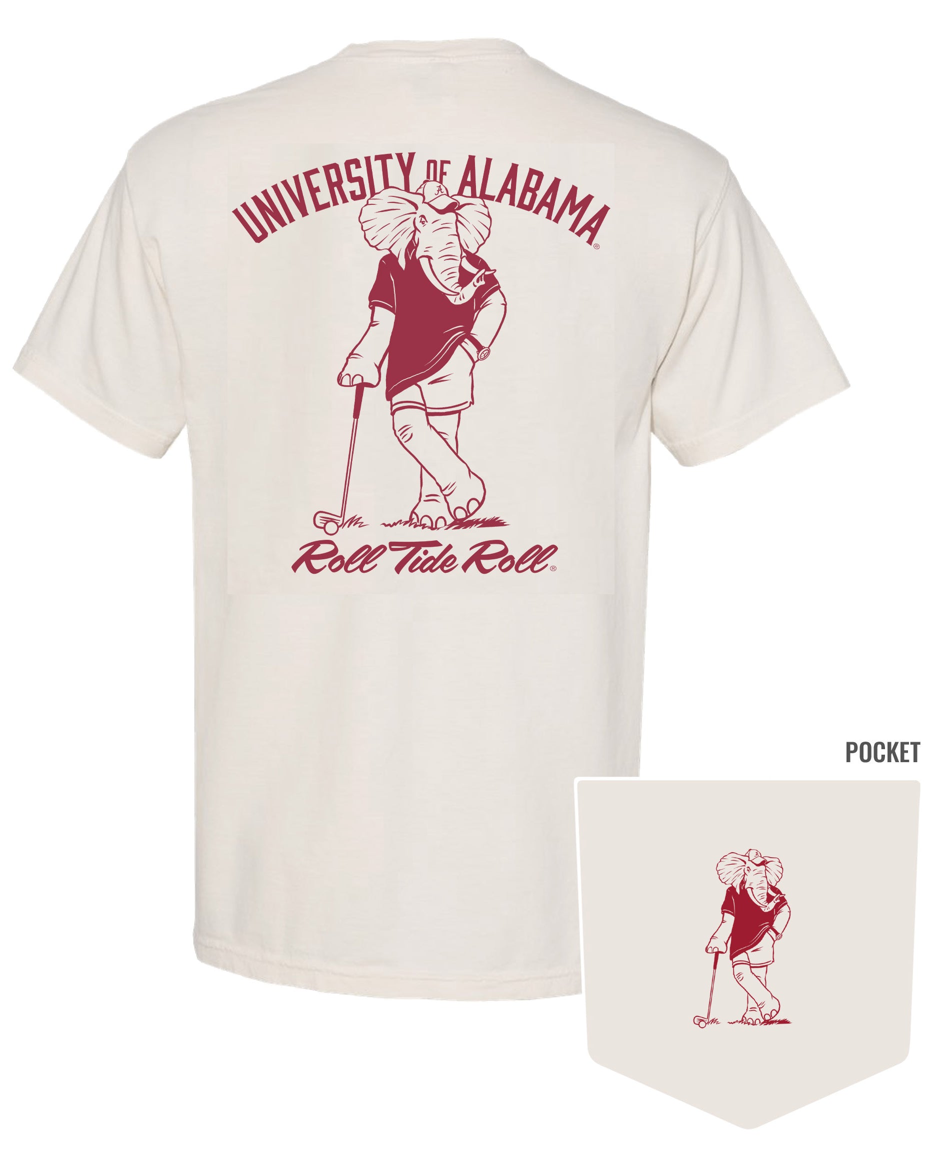 University of Alabama Ivory T-Shirt with an image of Big Al leaning against a golf club between Red Text "University of Alabama" and "Roll Tide Roll"
