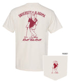 University of Alabama Ivory T-Shirt with an image of Big Al leaning against a golf club between Red Text "University of Alabama" and "Roll Tide Roll"